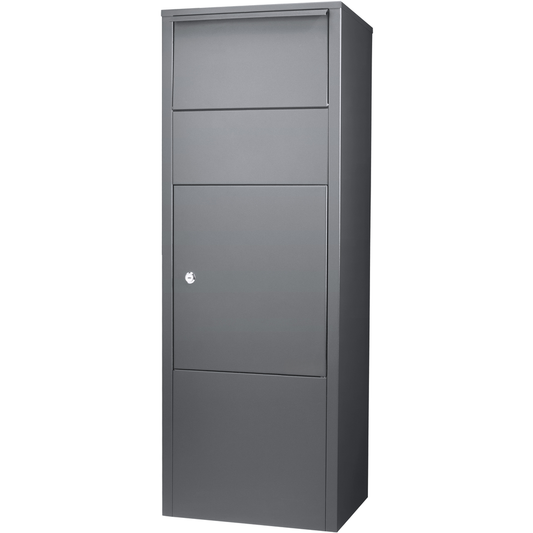 Modern charcoal gray outdoor parcel mailbox with secure locking door and multiple slots