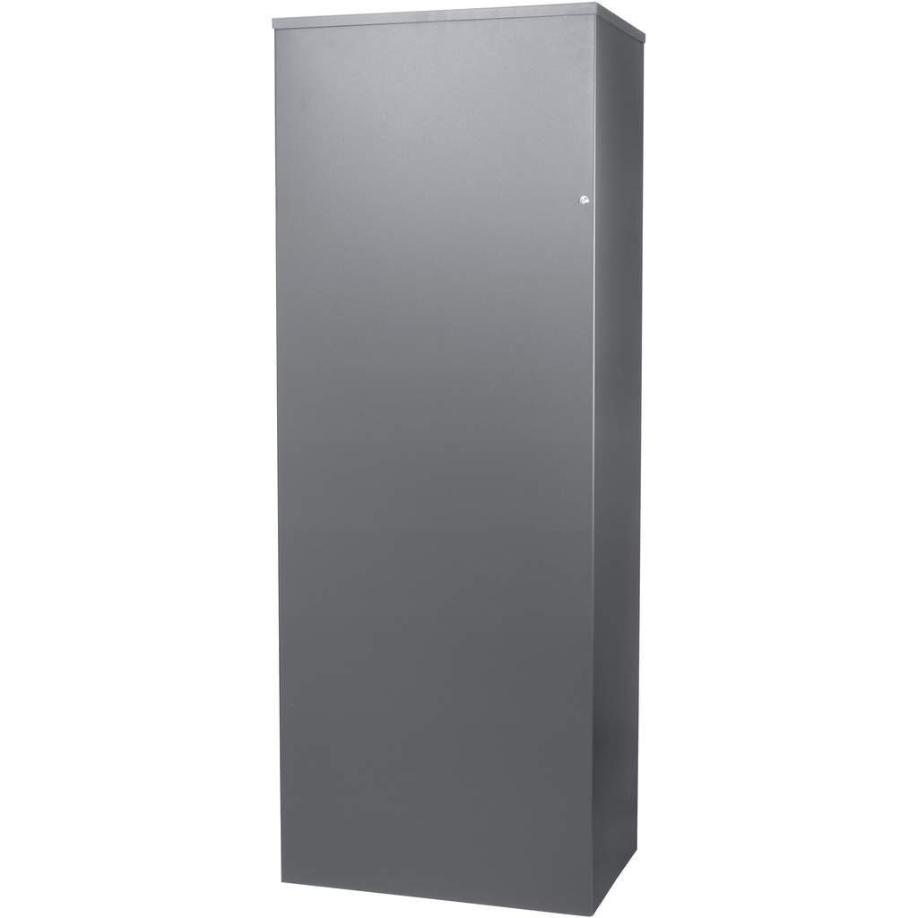 Tall gray metal storage cabinet with a single door and lock