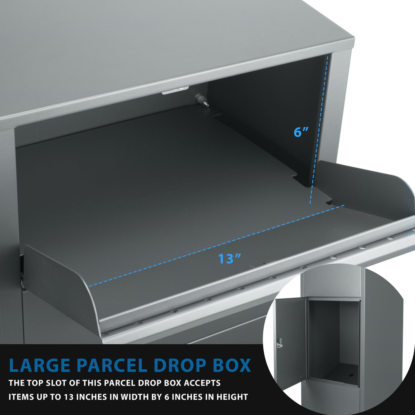 Gray metal large parcel drop box with inch wide slot