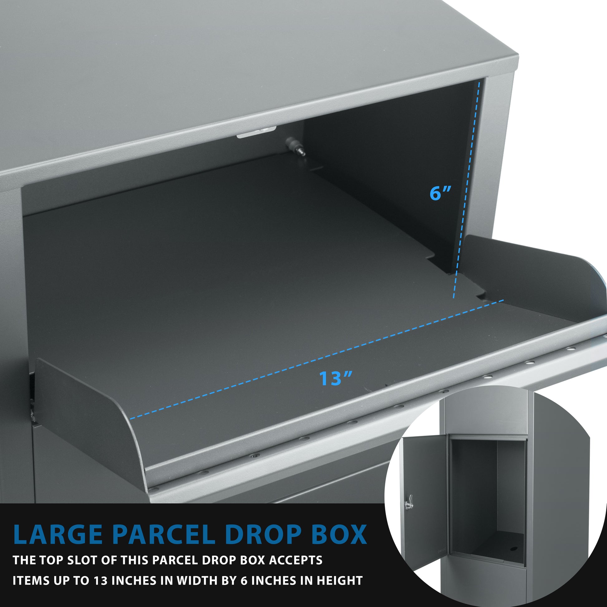 Gray metal large parcel drop box with inch wide slot