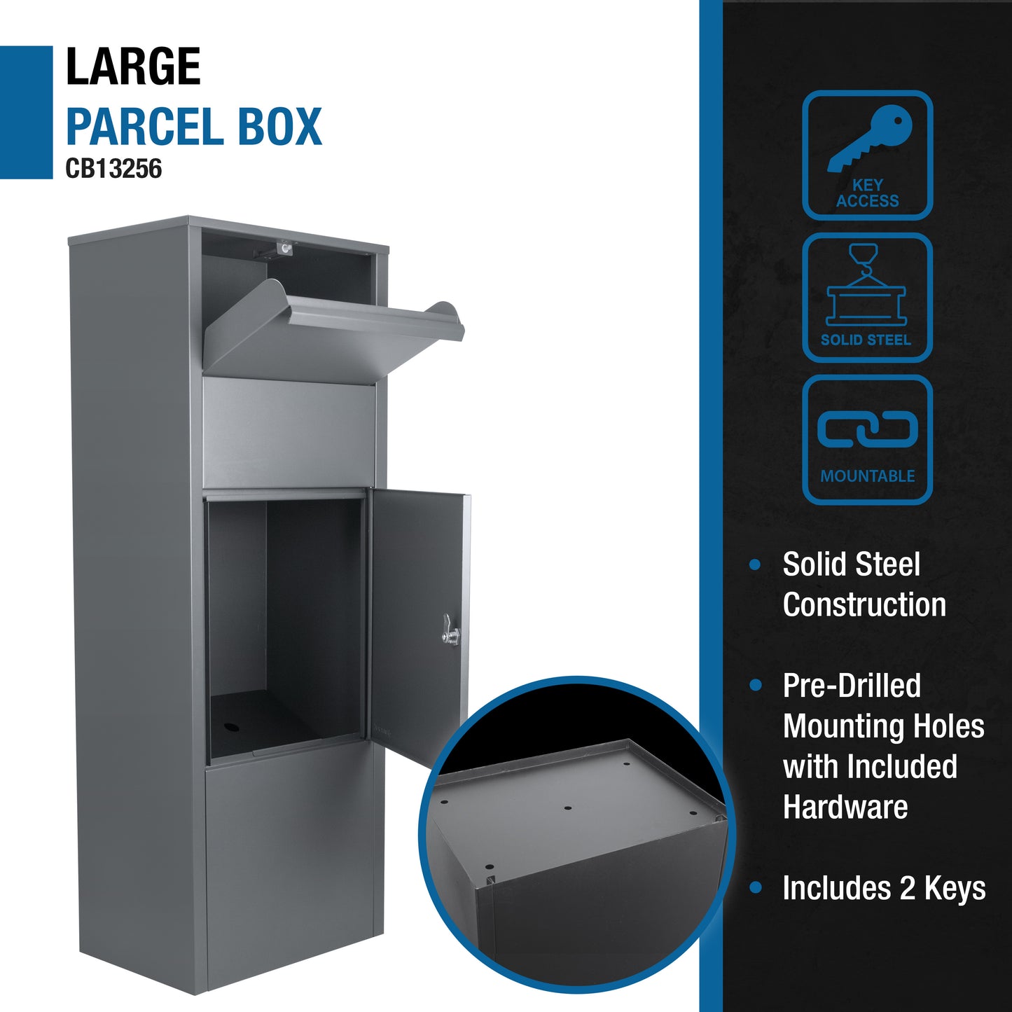 Gray large parcel box with key access and a drop slot for secure deliveries
