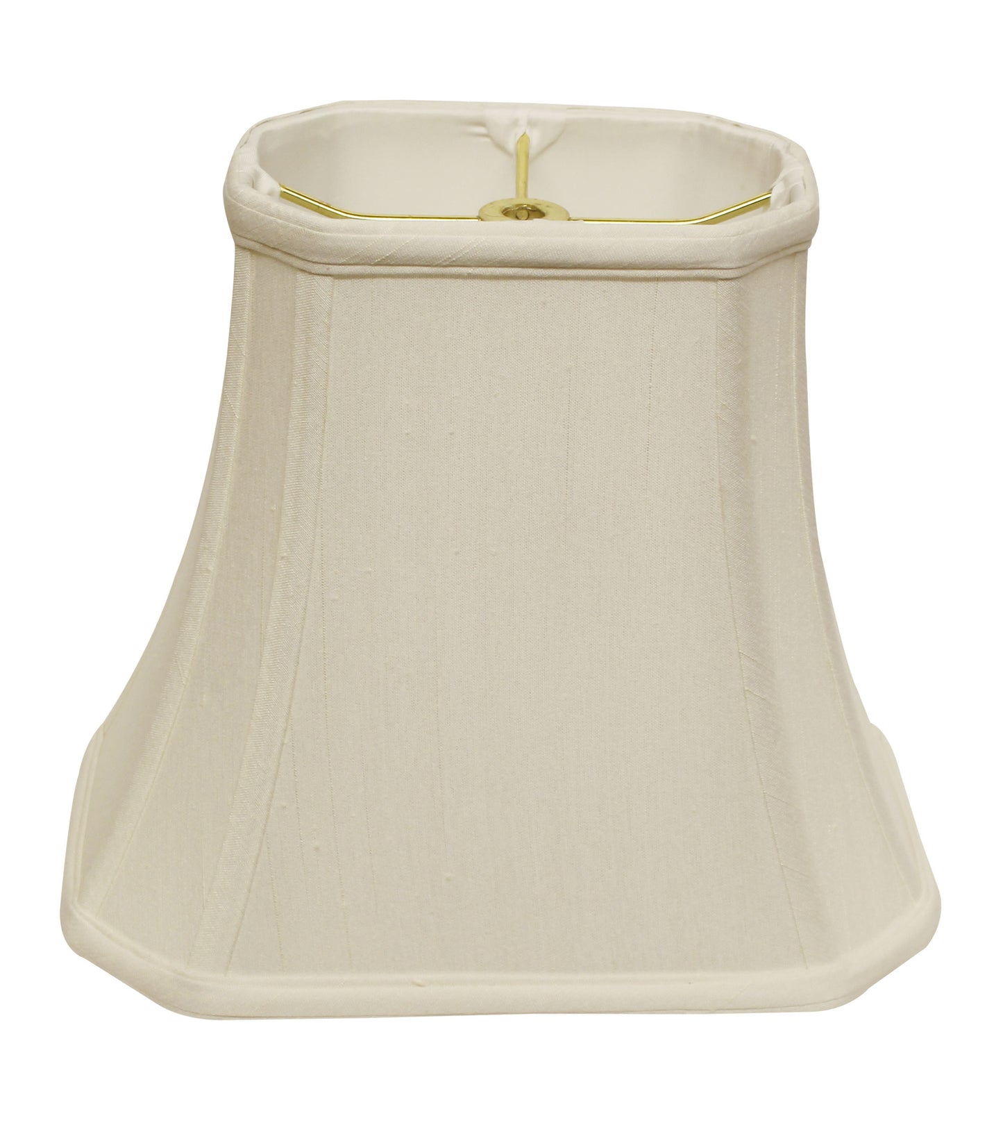 Cream bell shape lampshade with a pleated linen texture and brass hardware