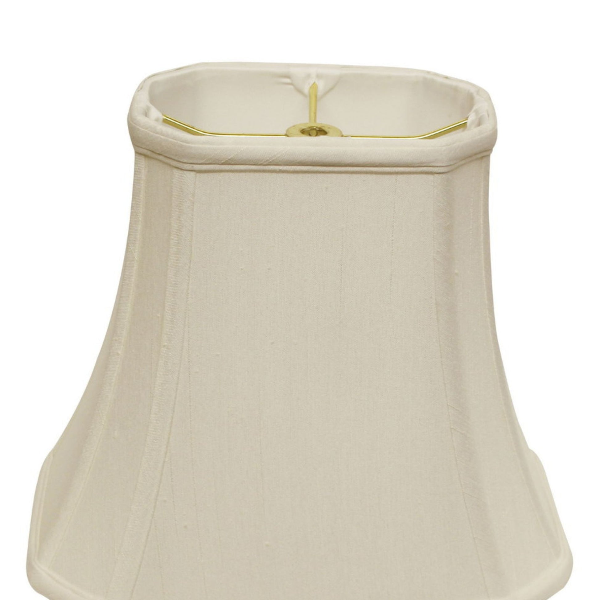 Cream square bell lampshade with a textured fabric and gold spider fitter detail