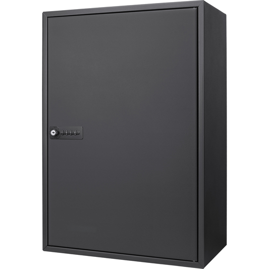 A dark gray metal key cabinet with a combination lock