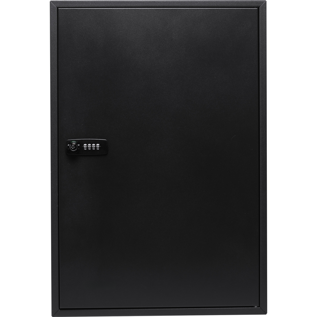 Black metal wallmounted key cabinet with integrated combination lock for secure organization