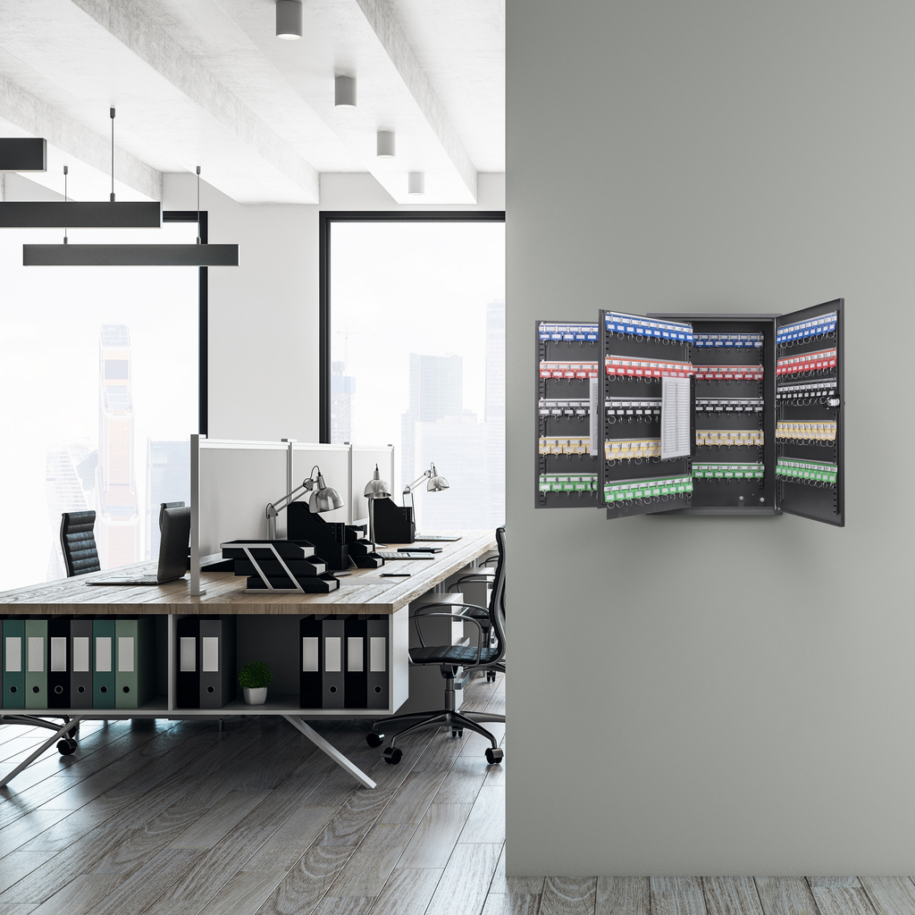 Large metal key cabinet with  key slots colorcoded tags and organized compartments