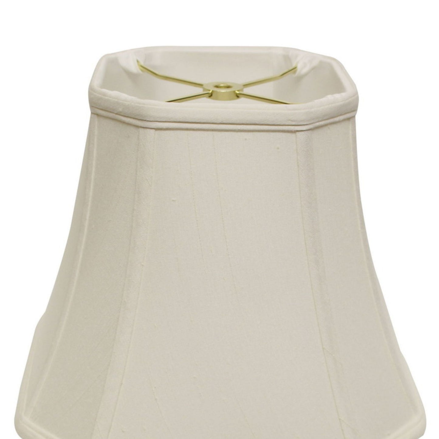 Beige fabric lampshade with square top and bottom featuring gold harp fitter