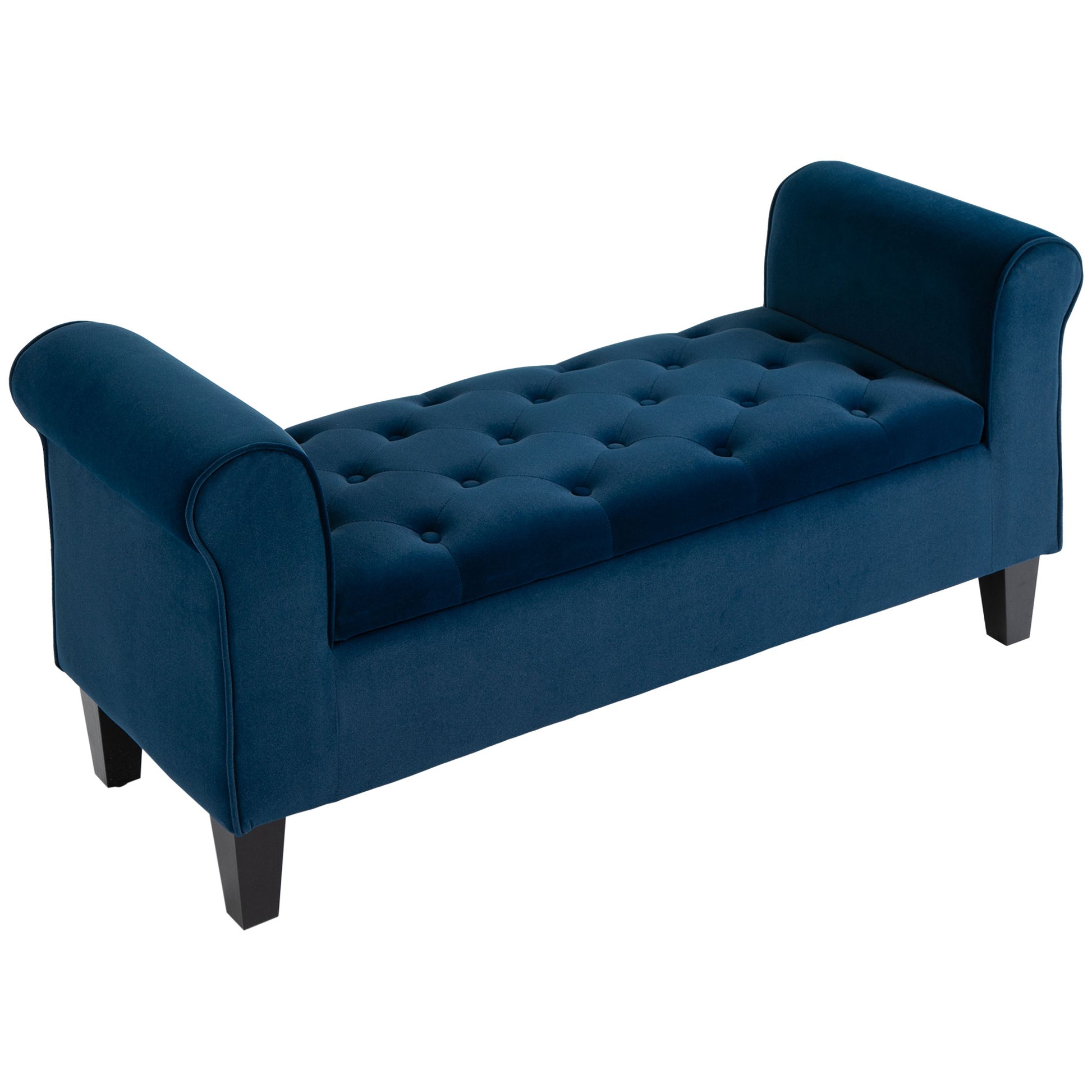 Navy blue velvet storage bench with buttontufted seat and rolled arms