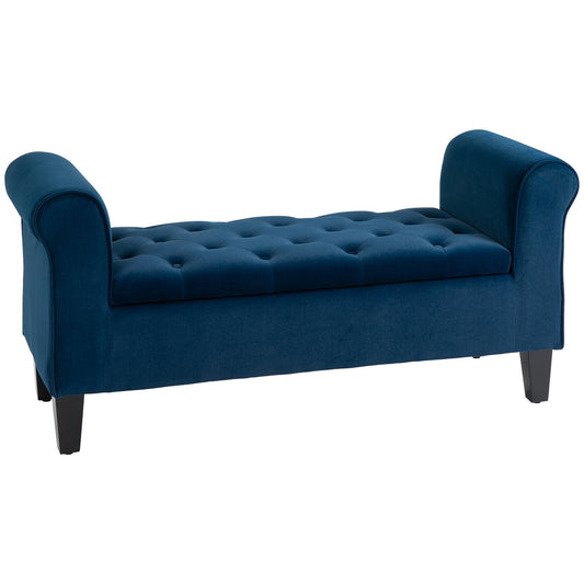 Blue velvet storage bench with tufted seat and rolled arms