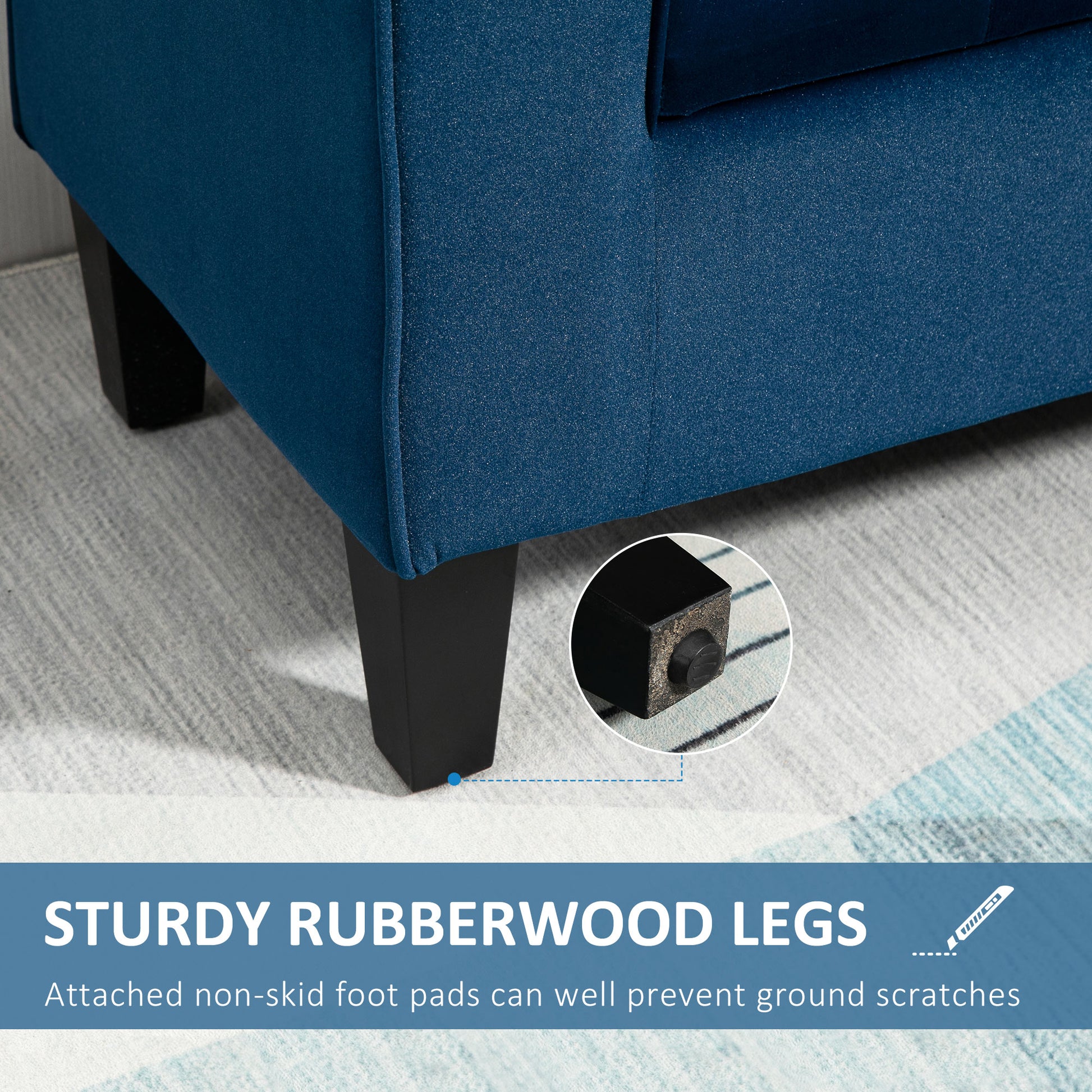 Closeup of dark blue textured fabric sofa leg with nonskid rubber foot pad