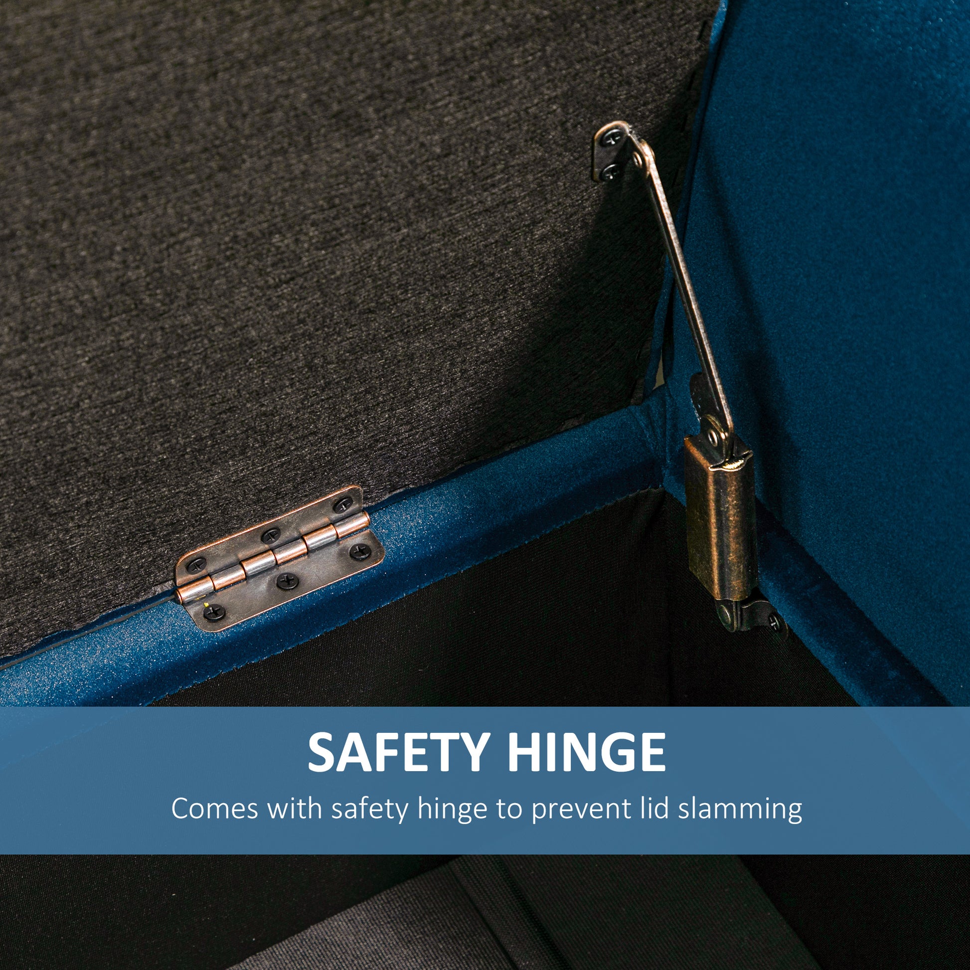 Closeup of a safety hinge on a blue upholstered ottoman