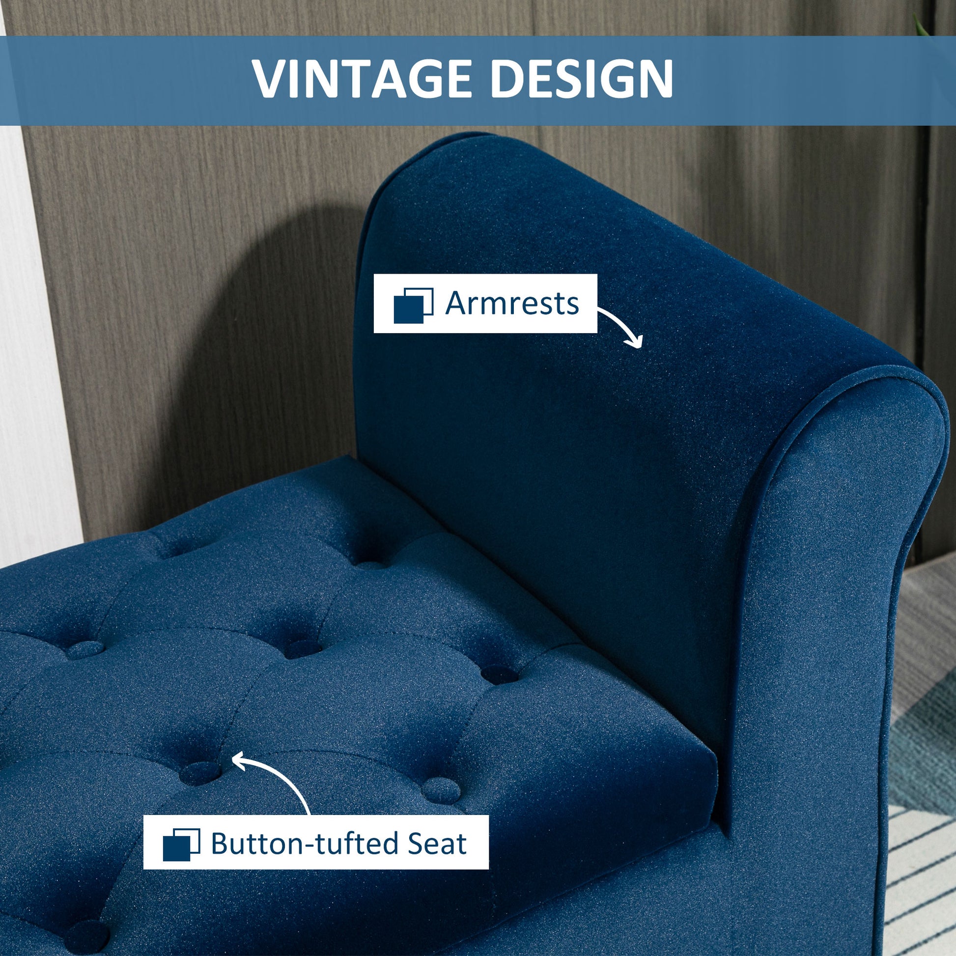 Close up of plush navy blue velvet armrests on a vintage design sofa