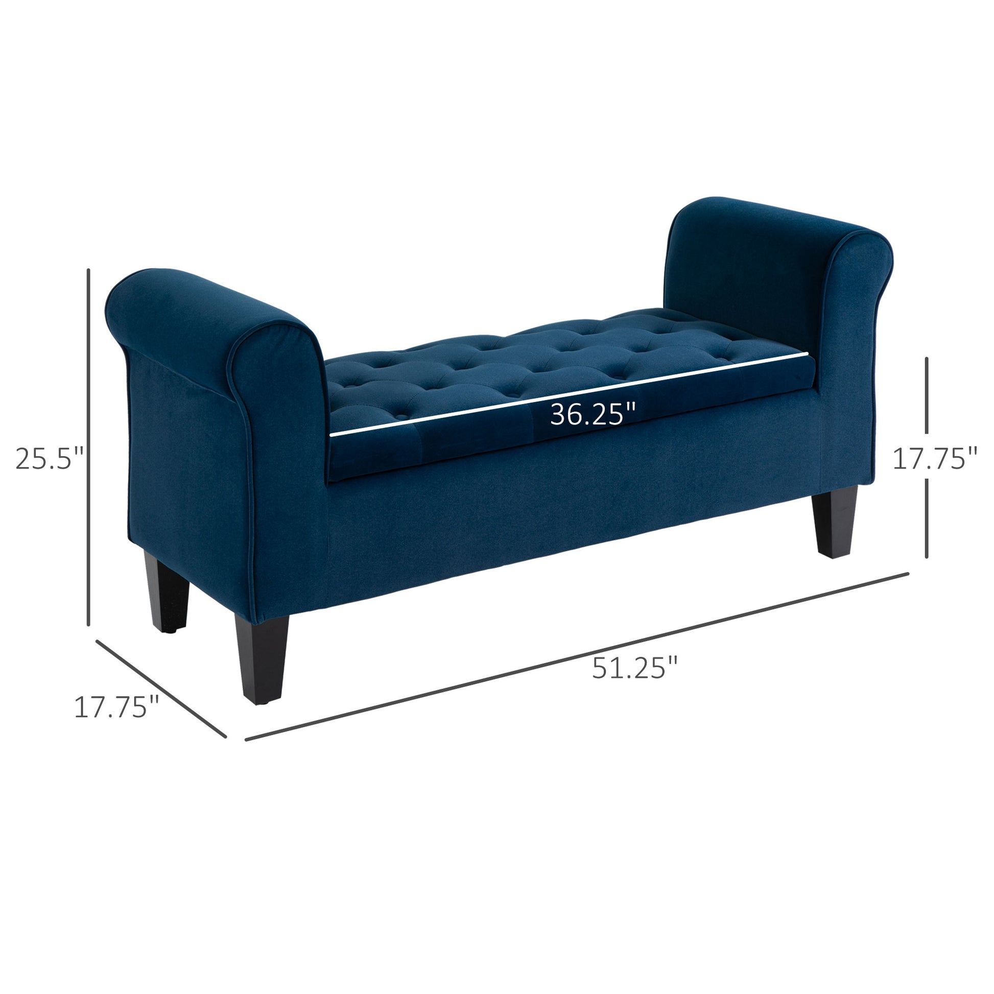 Deep blue velvet storage bench with tufted seat and rolled arms