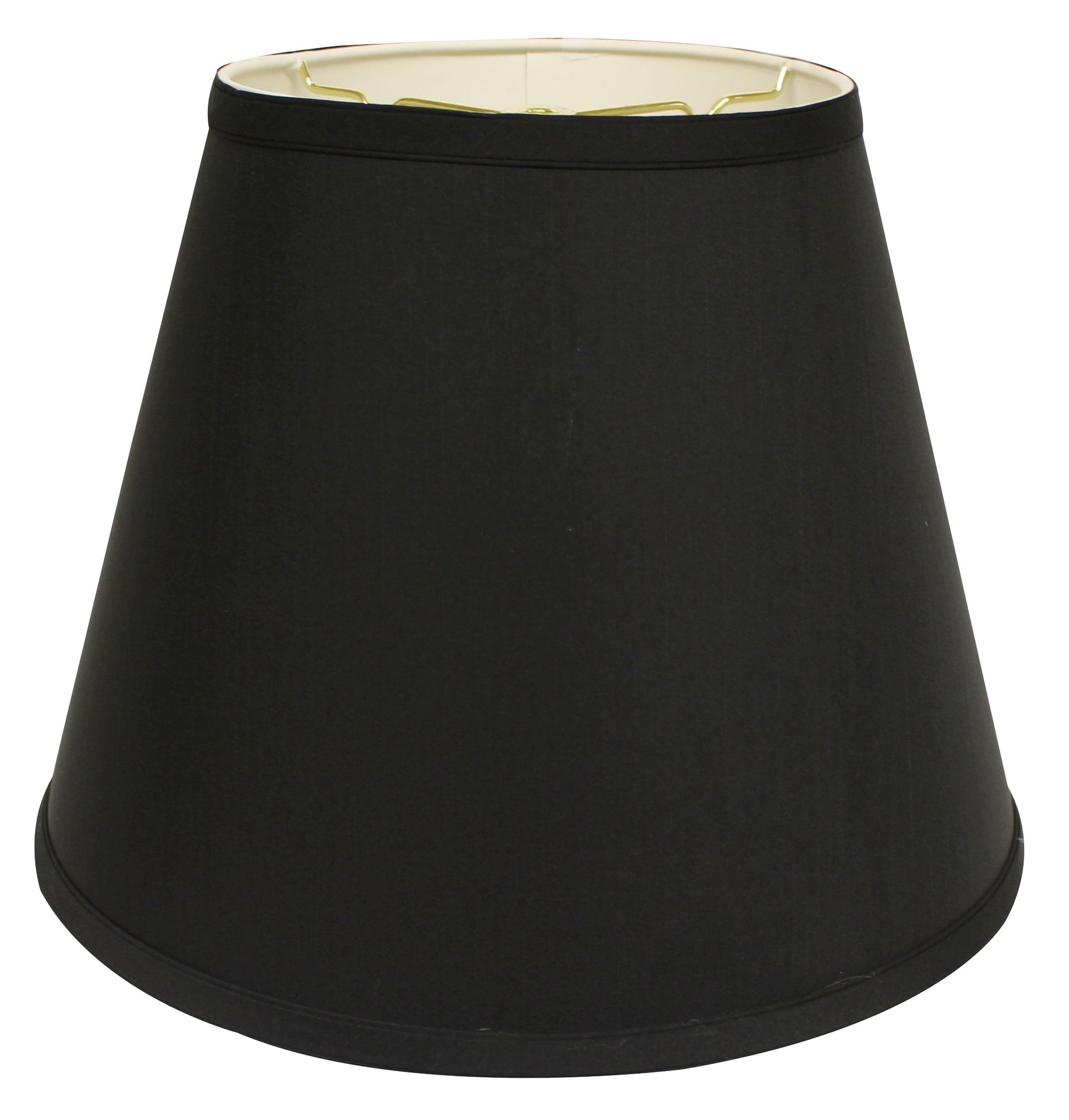 Classic black fabric lampshade with a flared bell shape and brass hardware accents