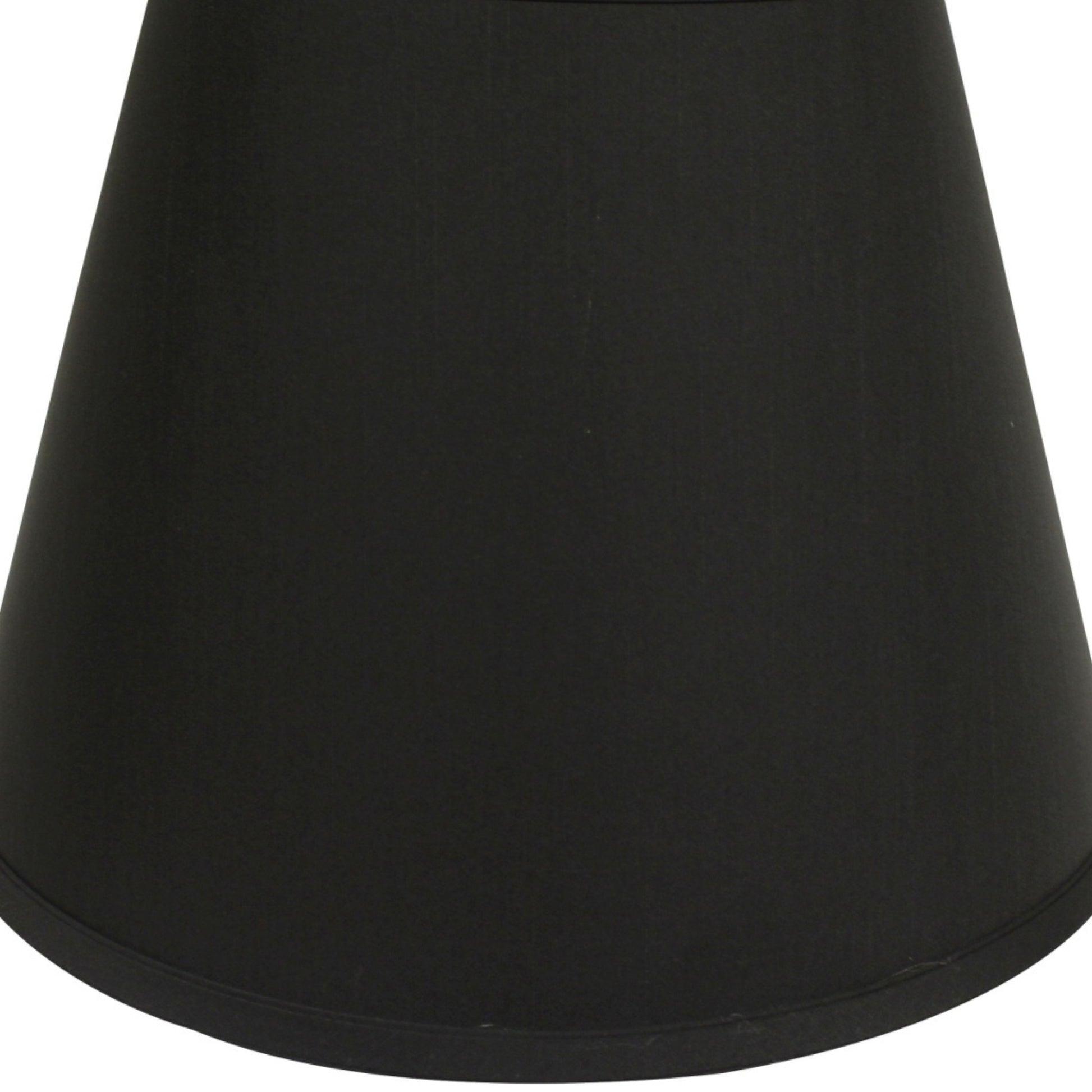 A black fabric lampshade with a flared conical shape