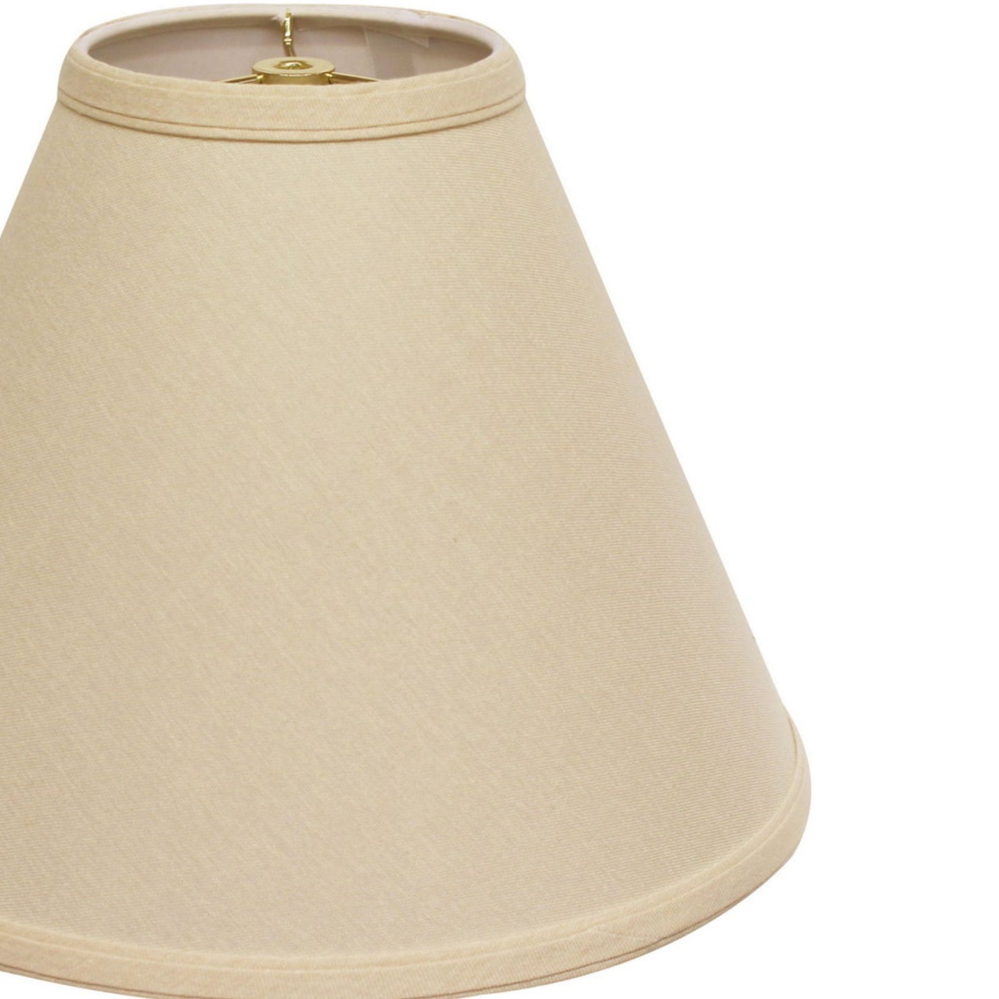 A beige linen empire lampshade with a gold spider fitter and trim  characters