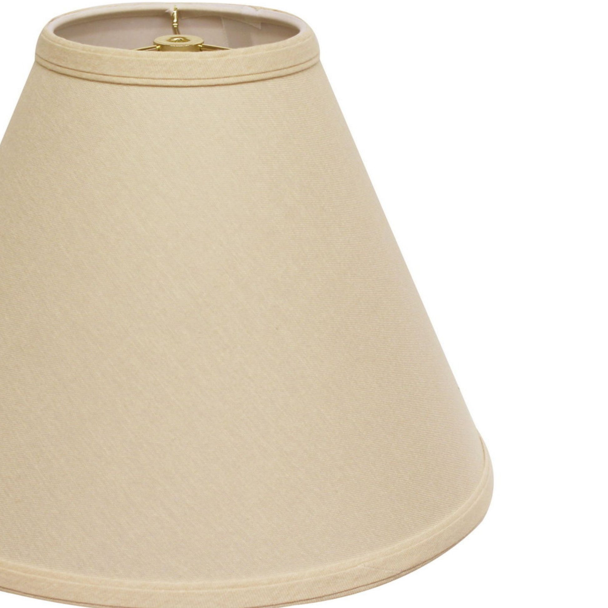 A beige linen empire lampshade with a gold spider fitter and trim  characters