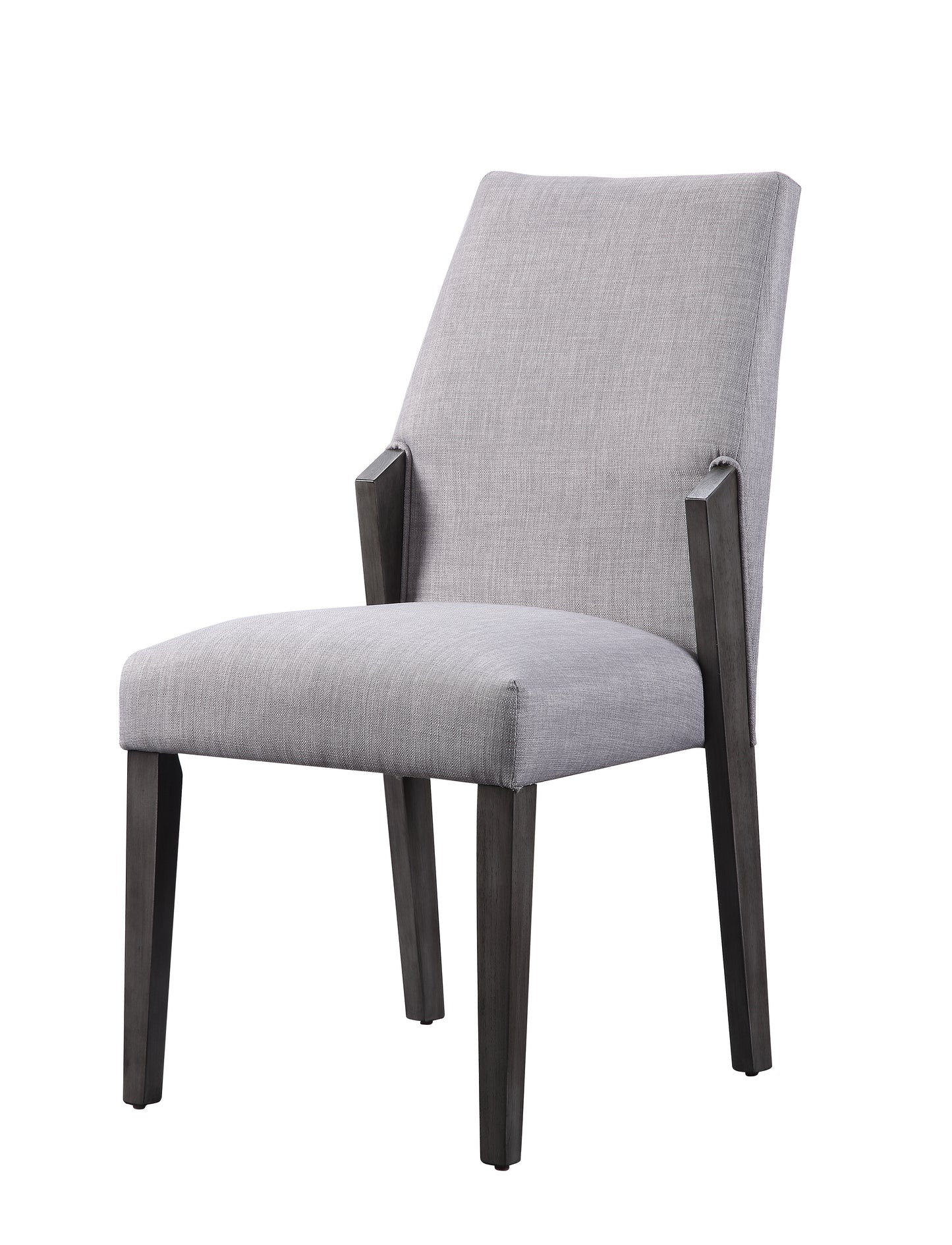 Gray upholstered accent chair with dark wood legs and armrests