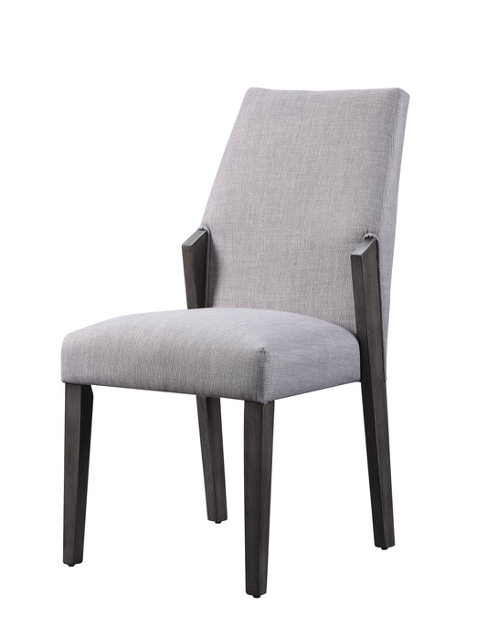 Gray upholstered accent chair with dark wood legs and armrests