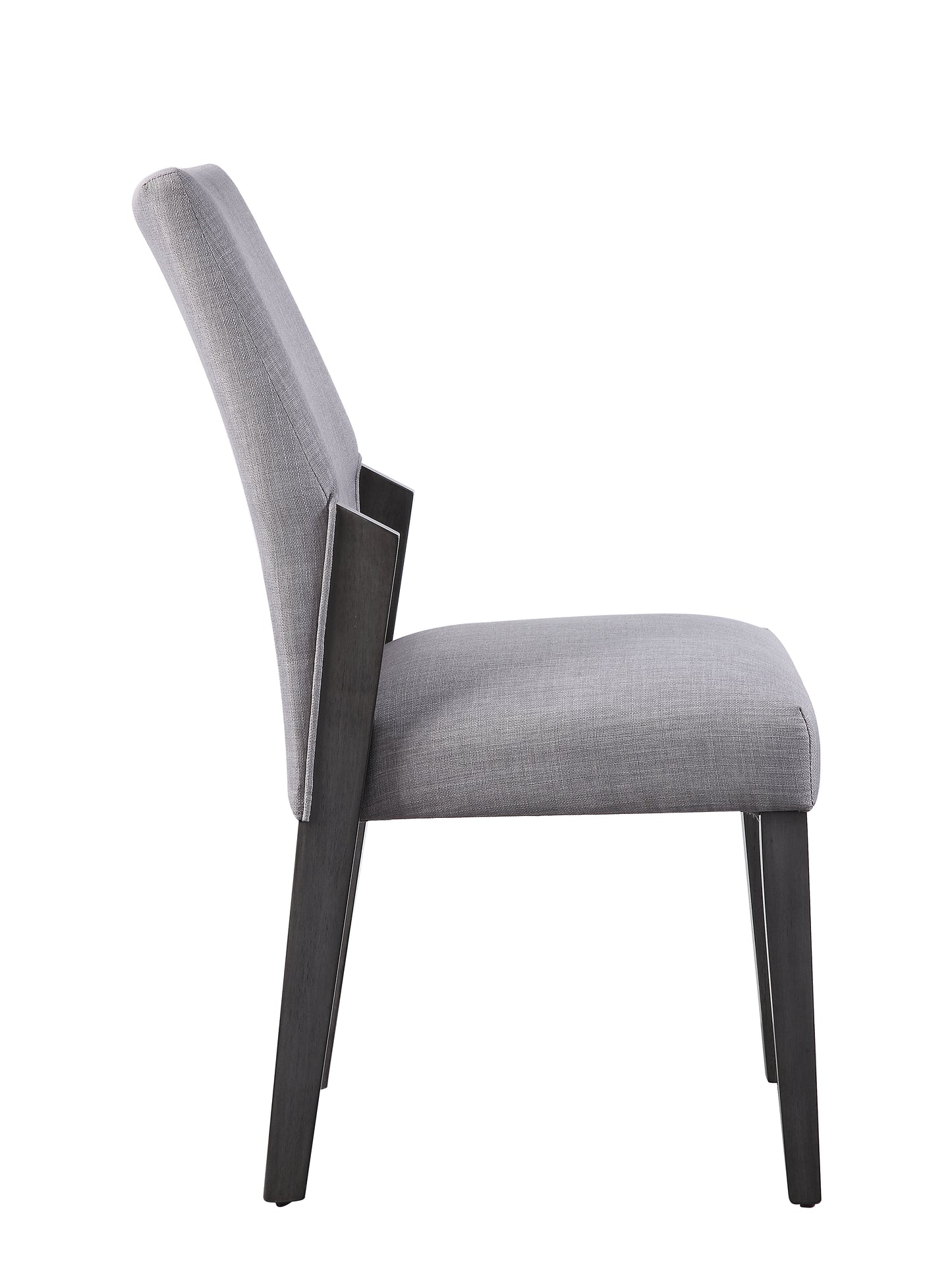 Modern grey upholstered dining chair with dark wood legs and curved back