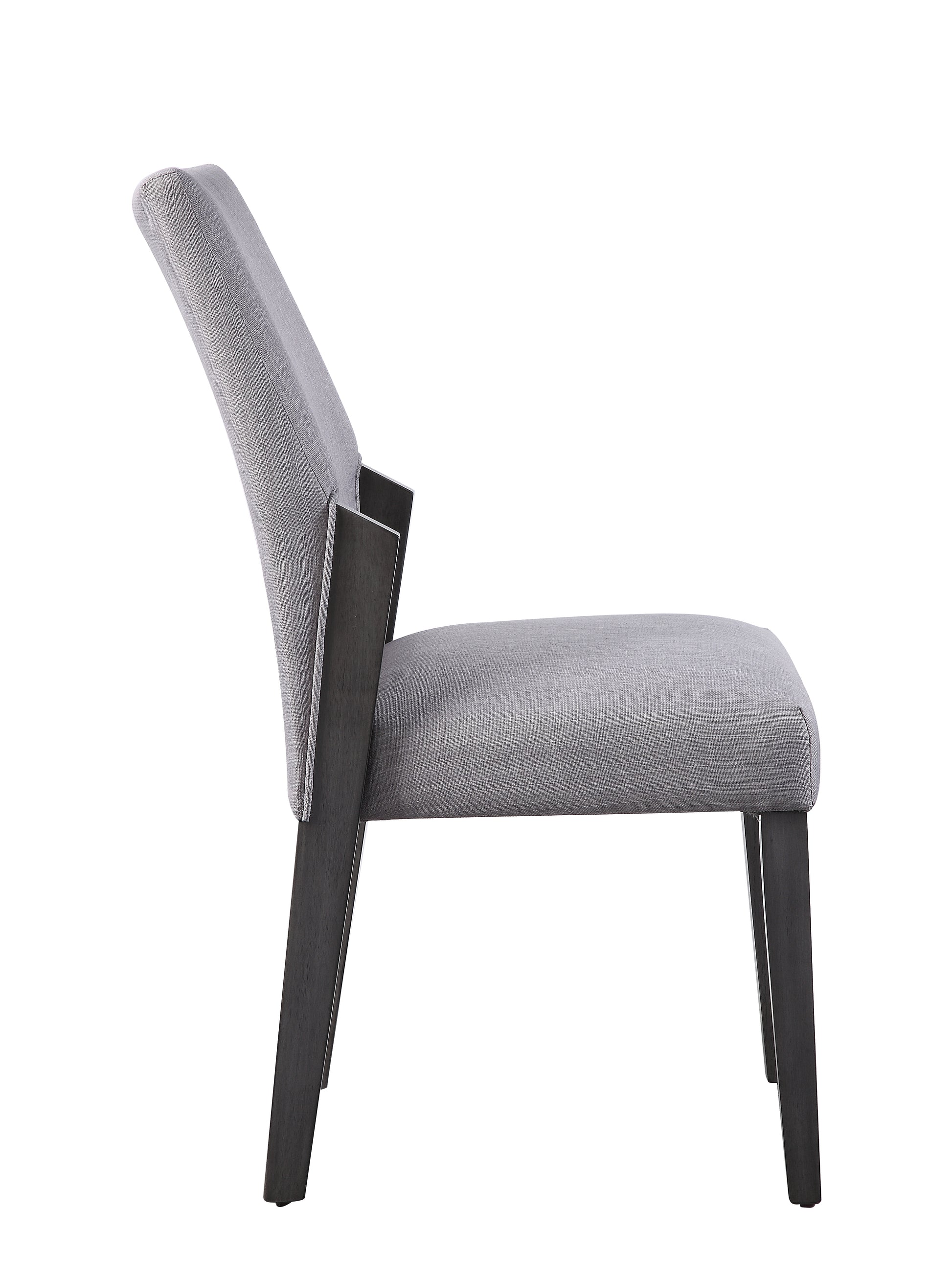 Modern grey upholstered dining chair with dark wood legs and curved back