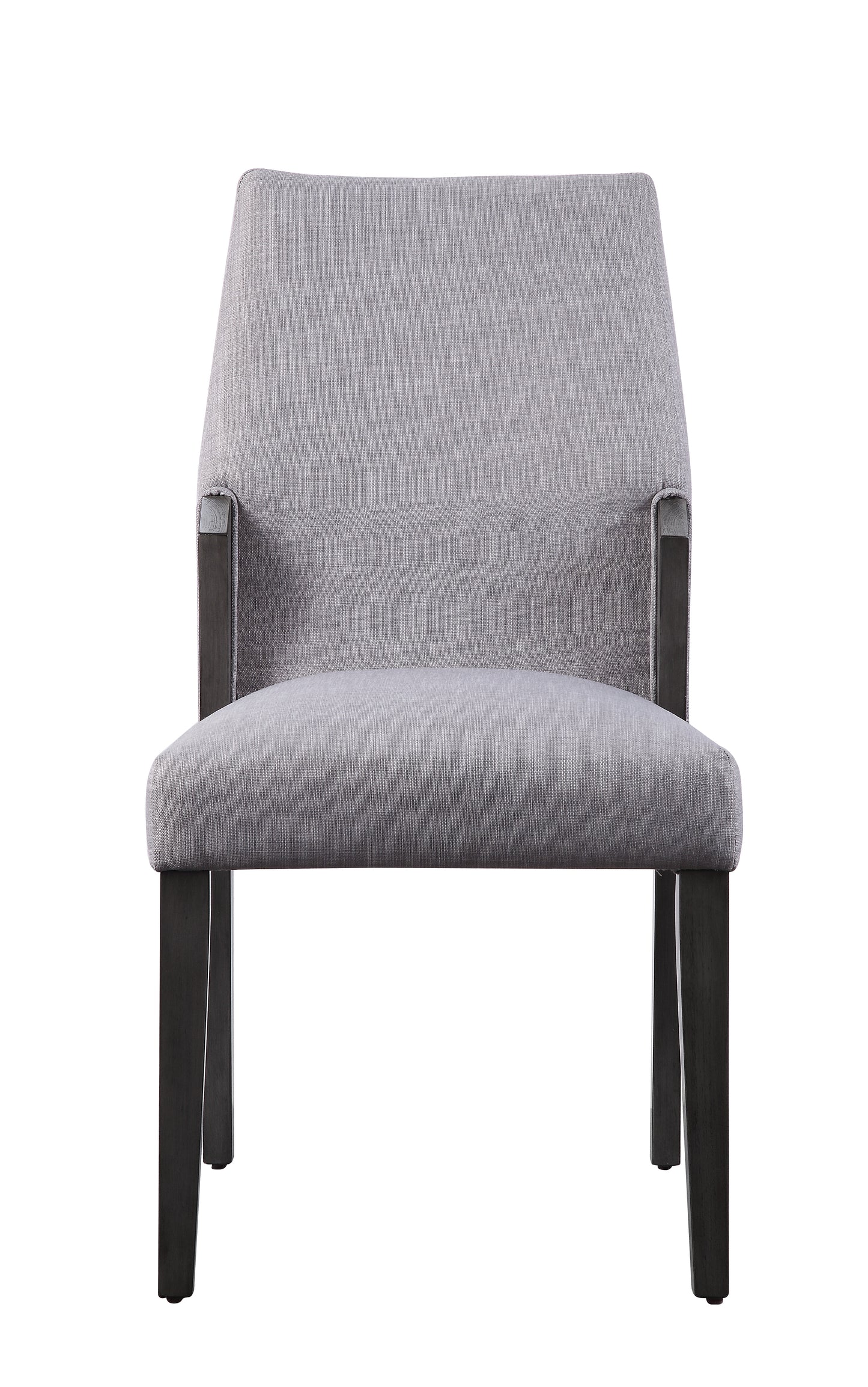 Modern grey fabric dining chair with dark wood legs