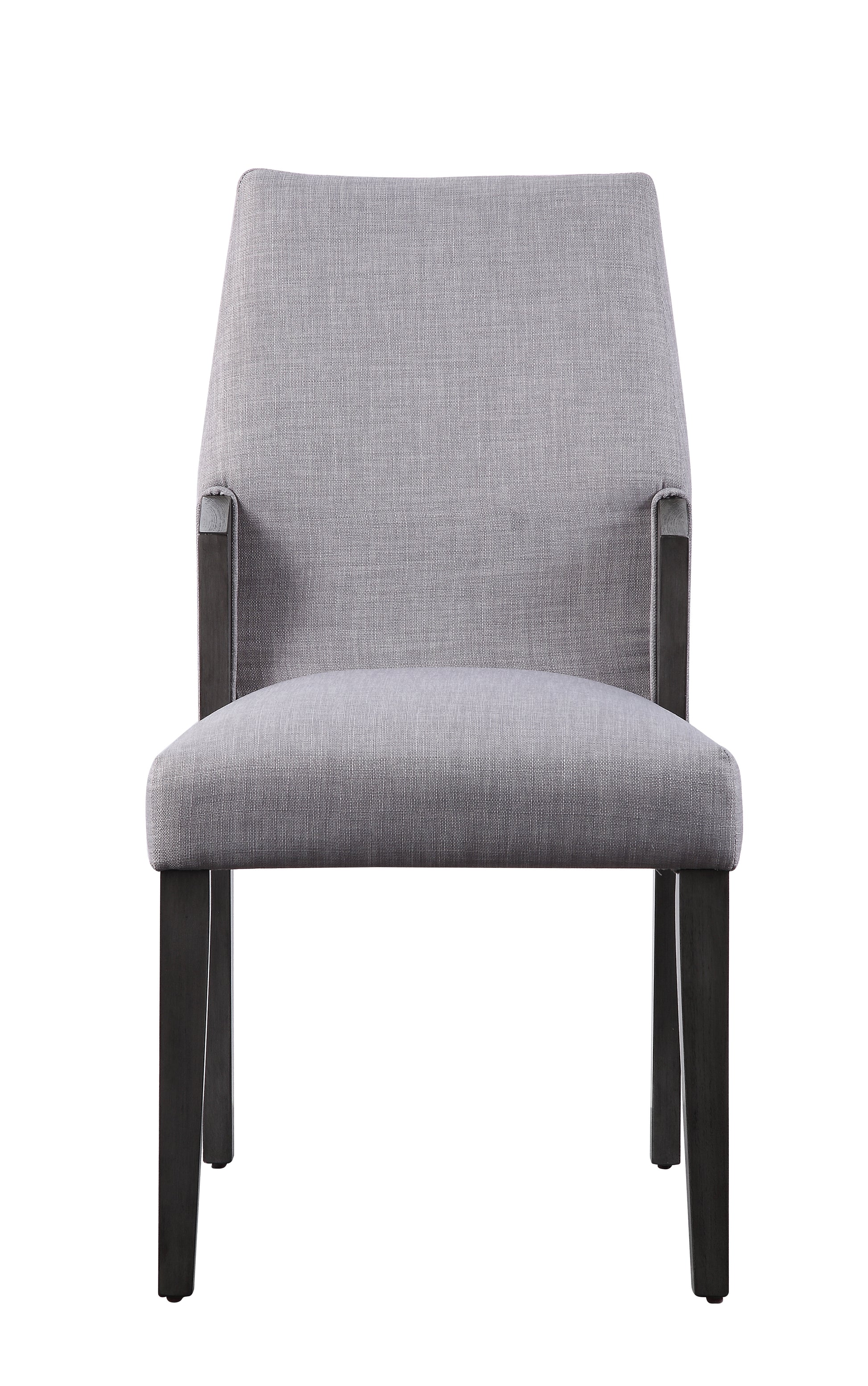 Modern grey fabric dining chair with dark wood legs