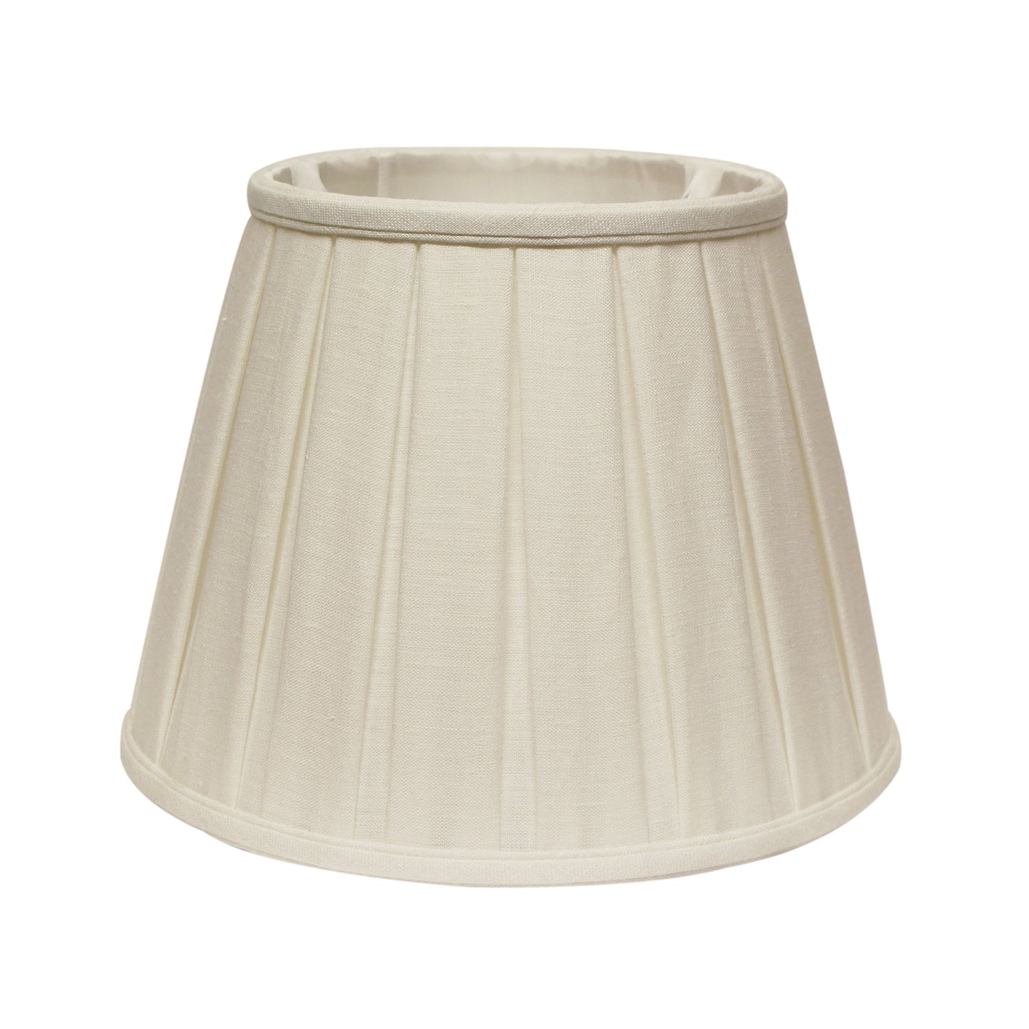 Cream linen pleated lampshade with a flared bell shape and fabric trim