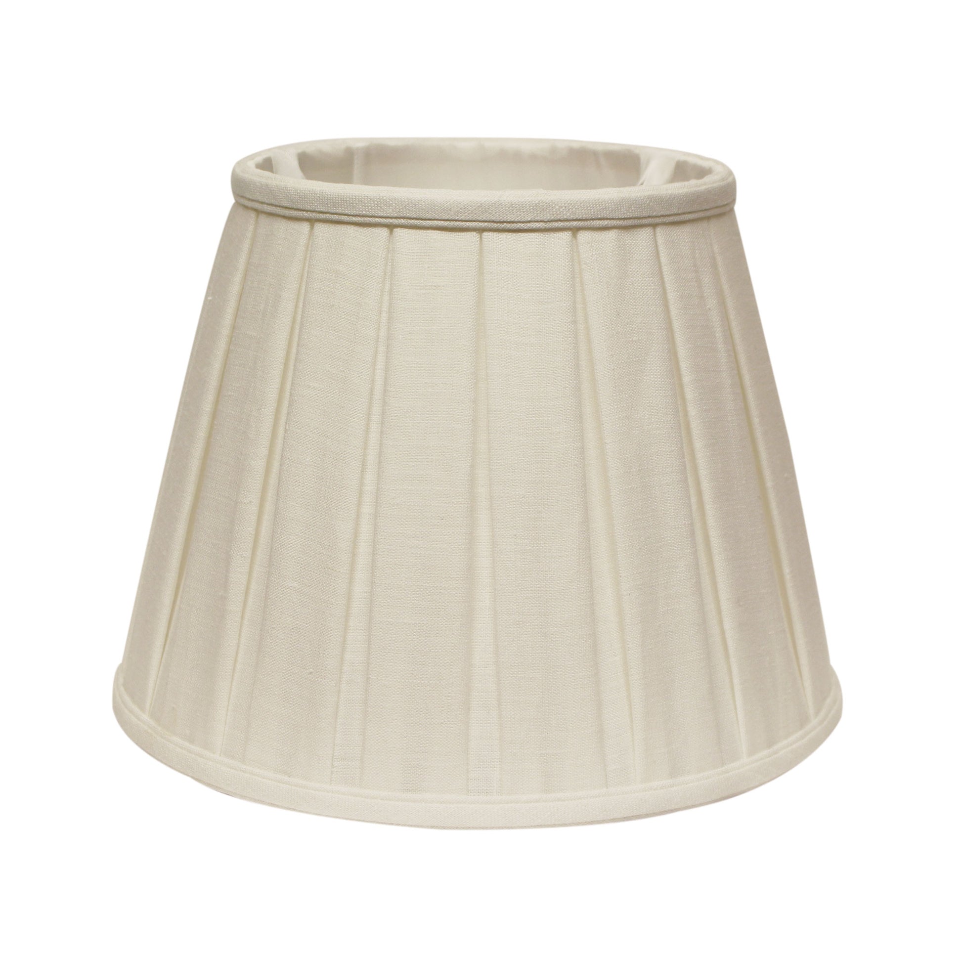 Cream linen pleated lampshade with a flared bell shape and fabric trim