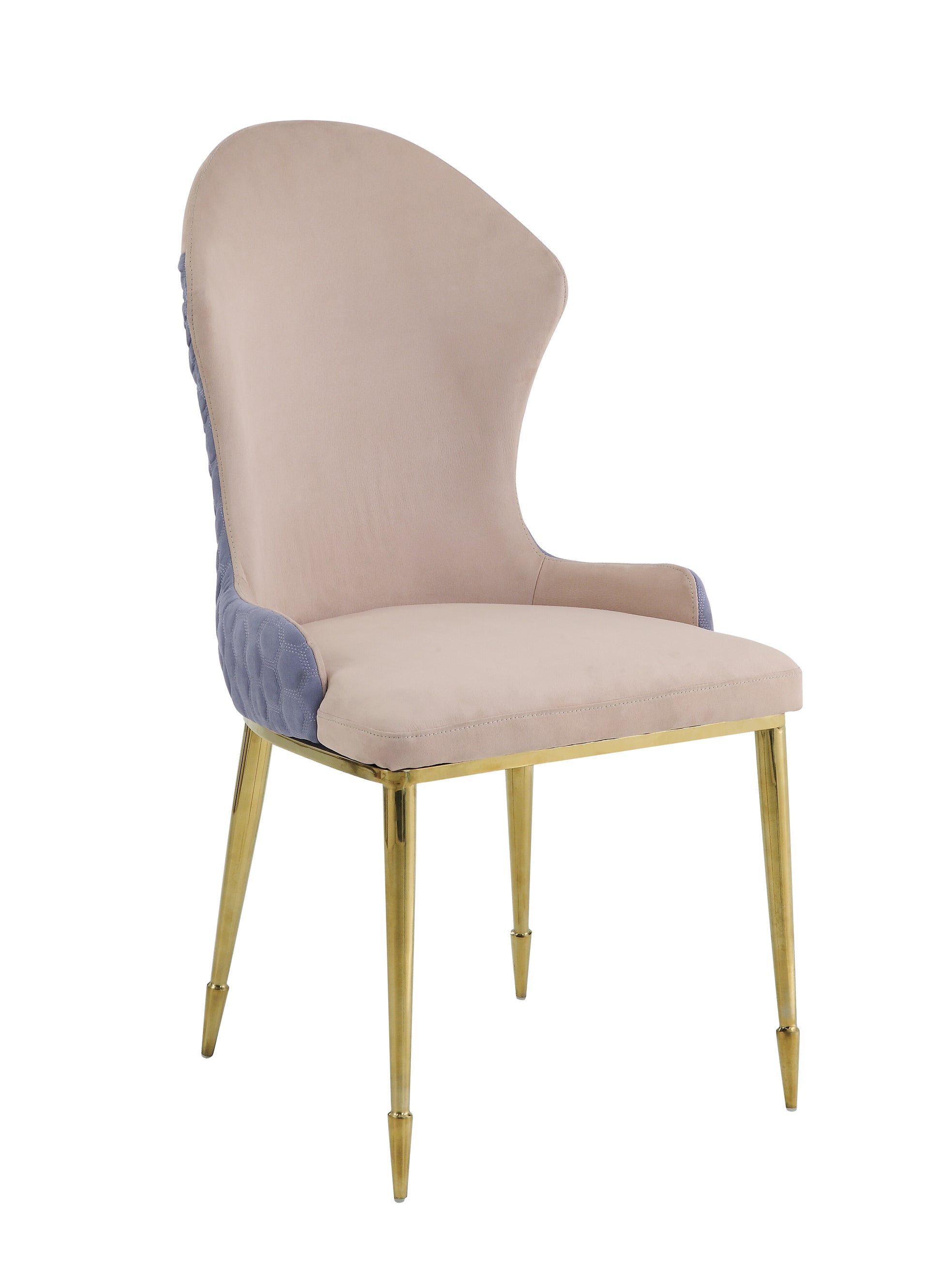 Elegant beige velvet dining chair with blue quilted back and gold legs