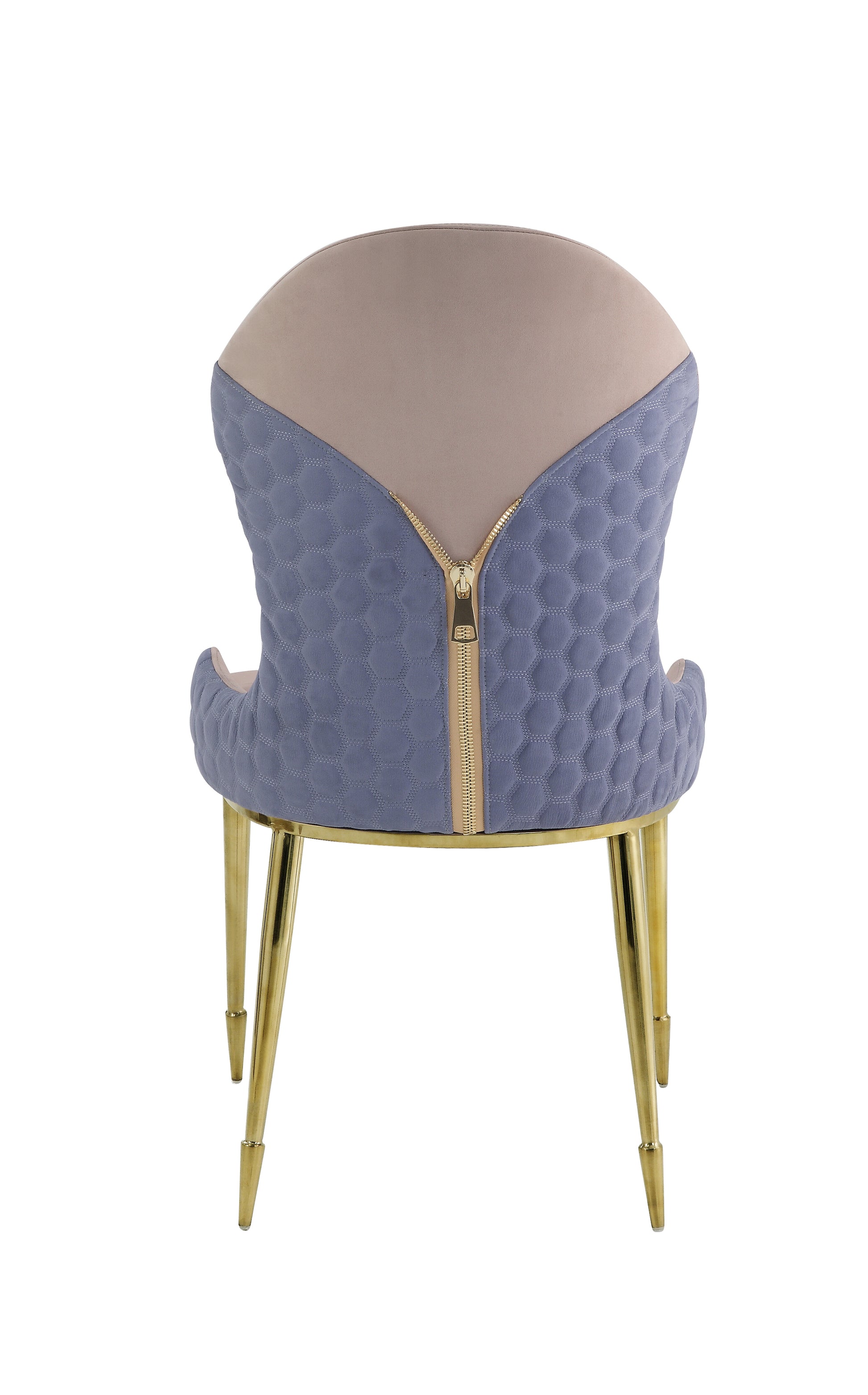 Blue velvet armchair with honeycomb quilting and gold zipper accent