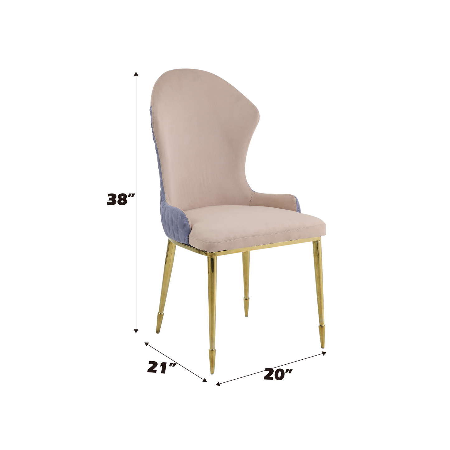 Beige velvet dining chair with blue quilted accents and gold legs