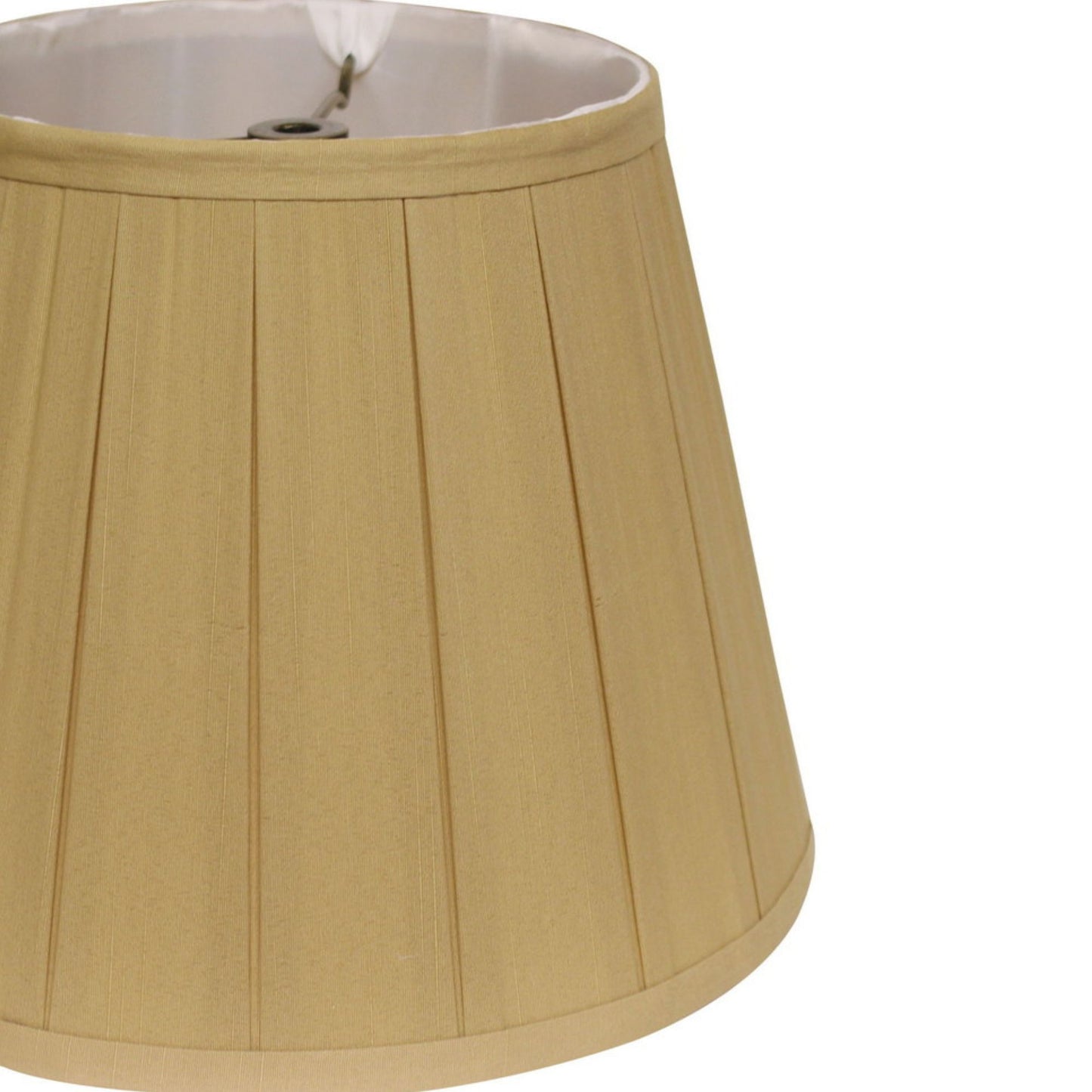Pleated tan fabric lampshade with a traditional design and white interior