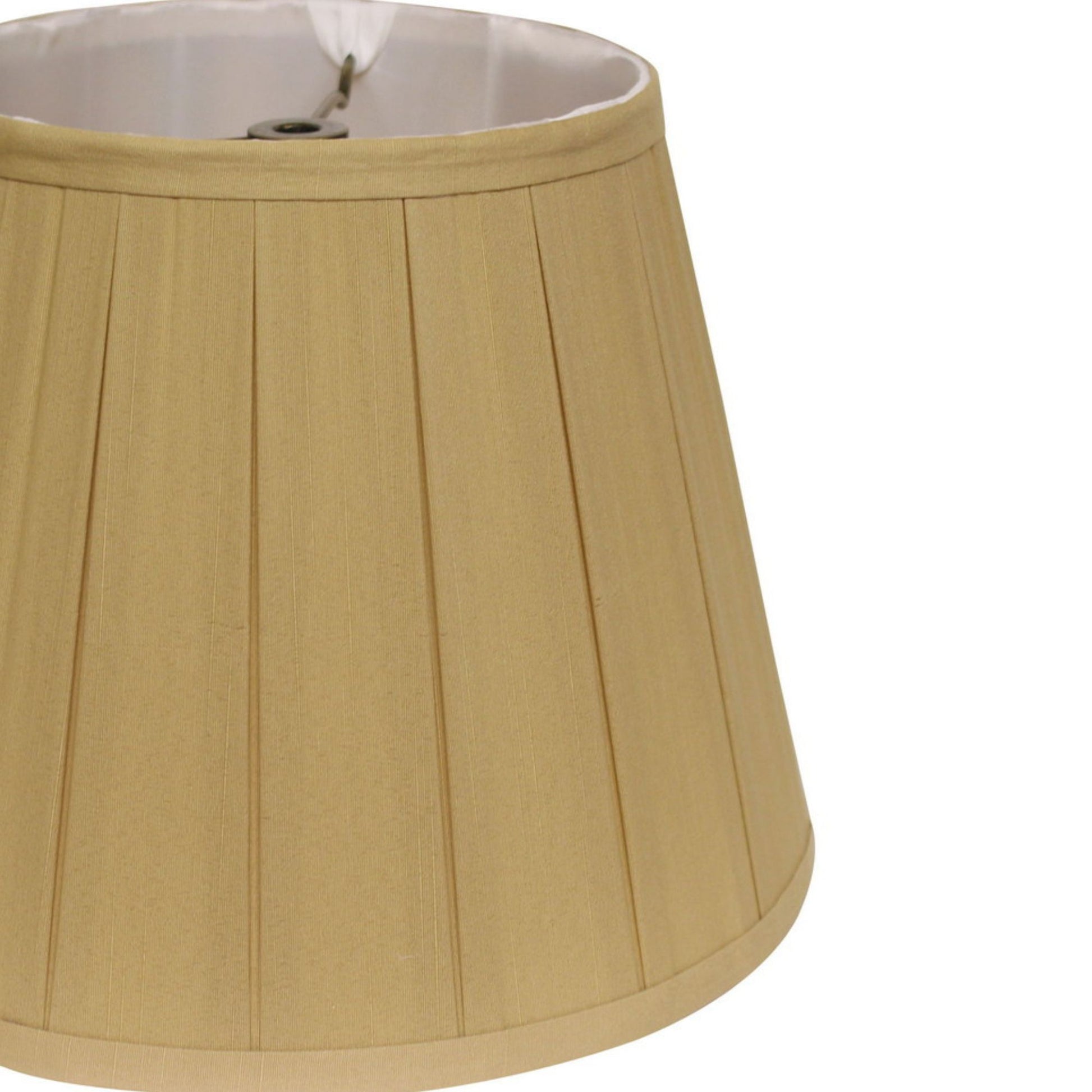 Pleated tan fabric lampshade with a traditional design and white interior
