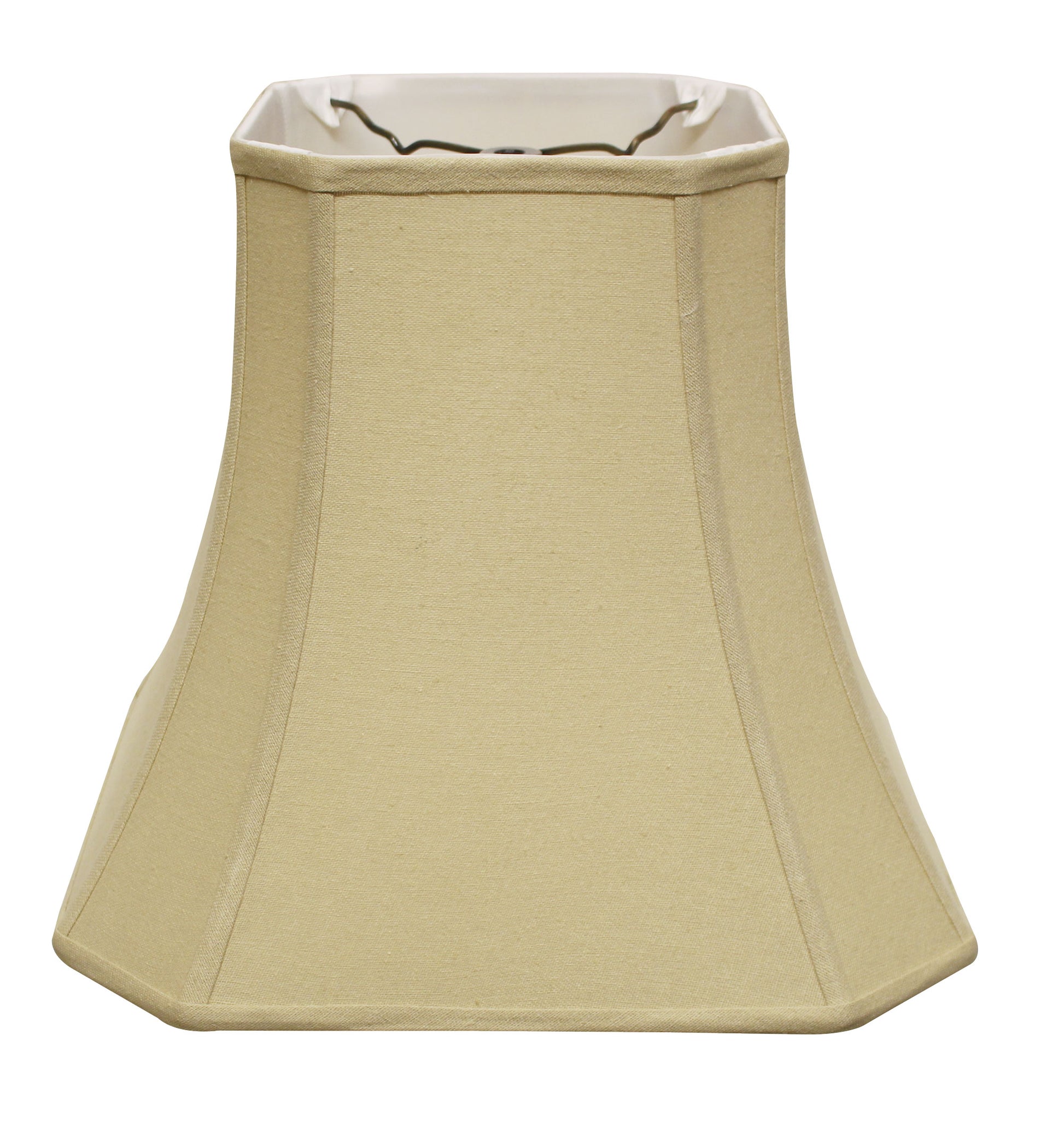 Beige fabric bell lampshade with octagonal shape and white lining