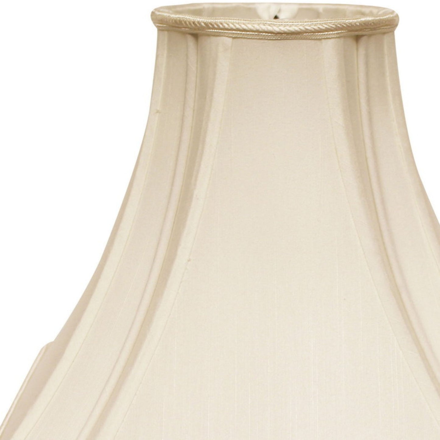 Cream bell lampshade with pleated fabric and decorative trim at the top
