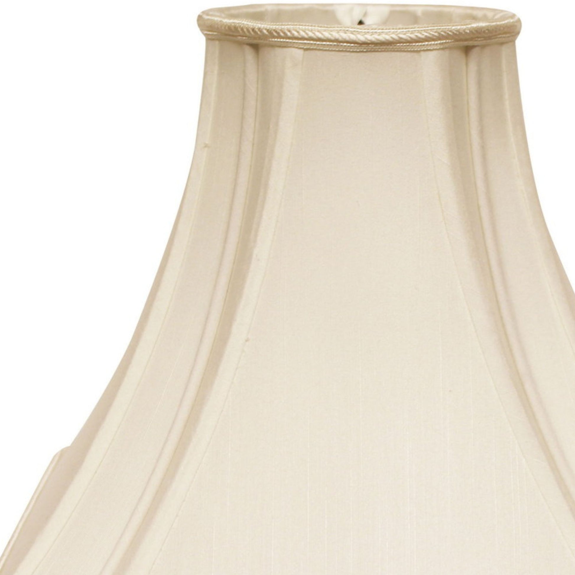Cream bell lampshade with pleated fabric and decorative trim at the top