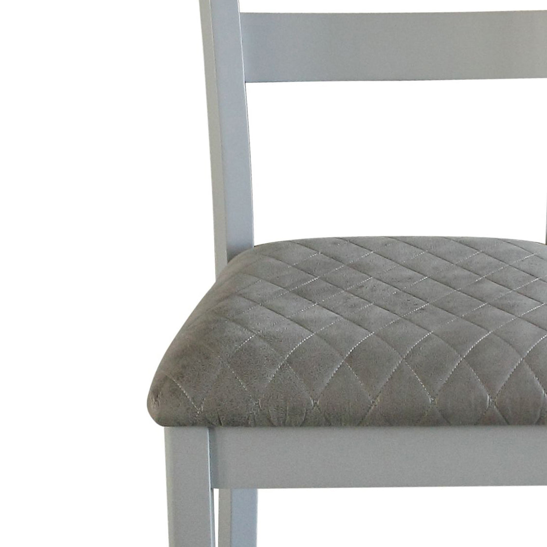 Gray quilted upholstered dining chair with light wood frame