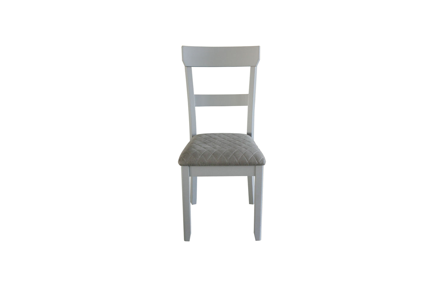White wooden dining chair with a quilted grey fabric seat