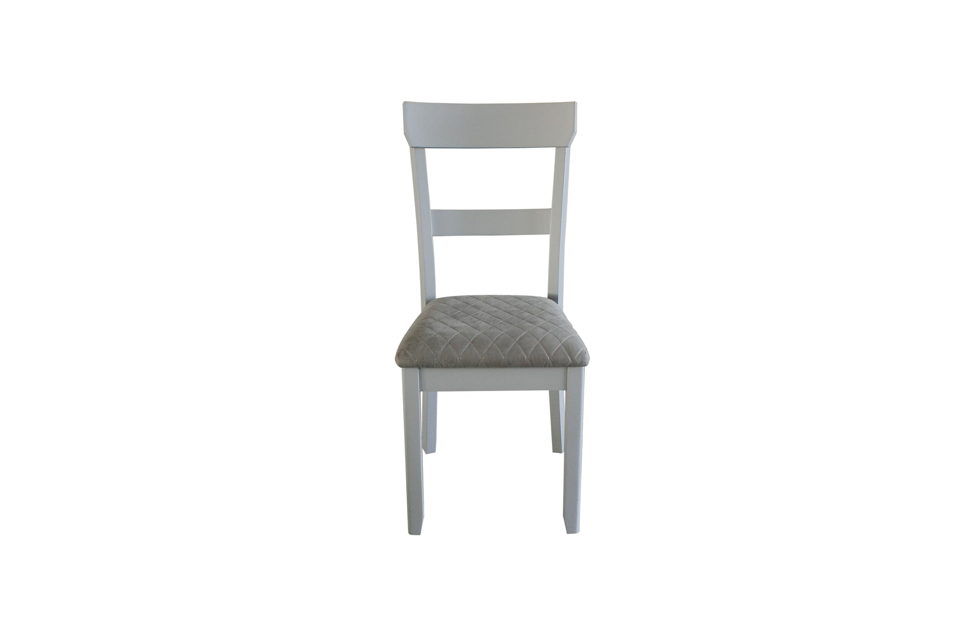 White wooden dining chair with a quilted grey fabric seat