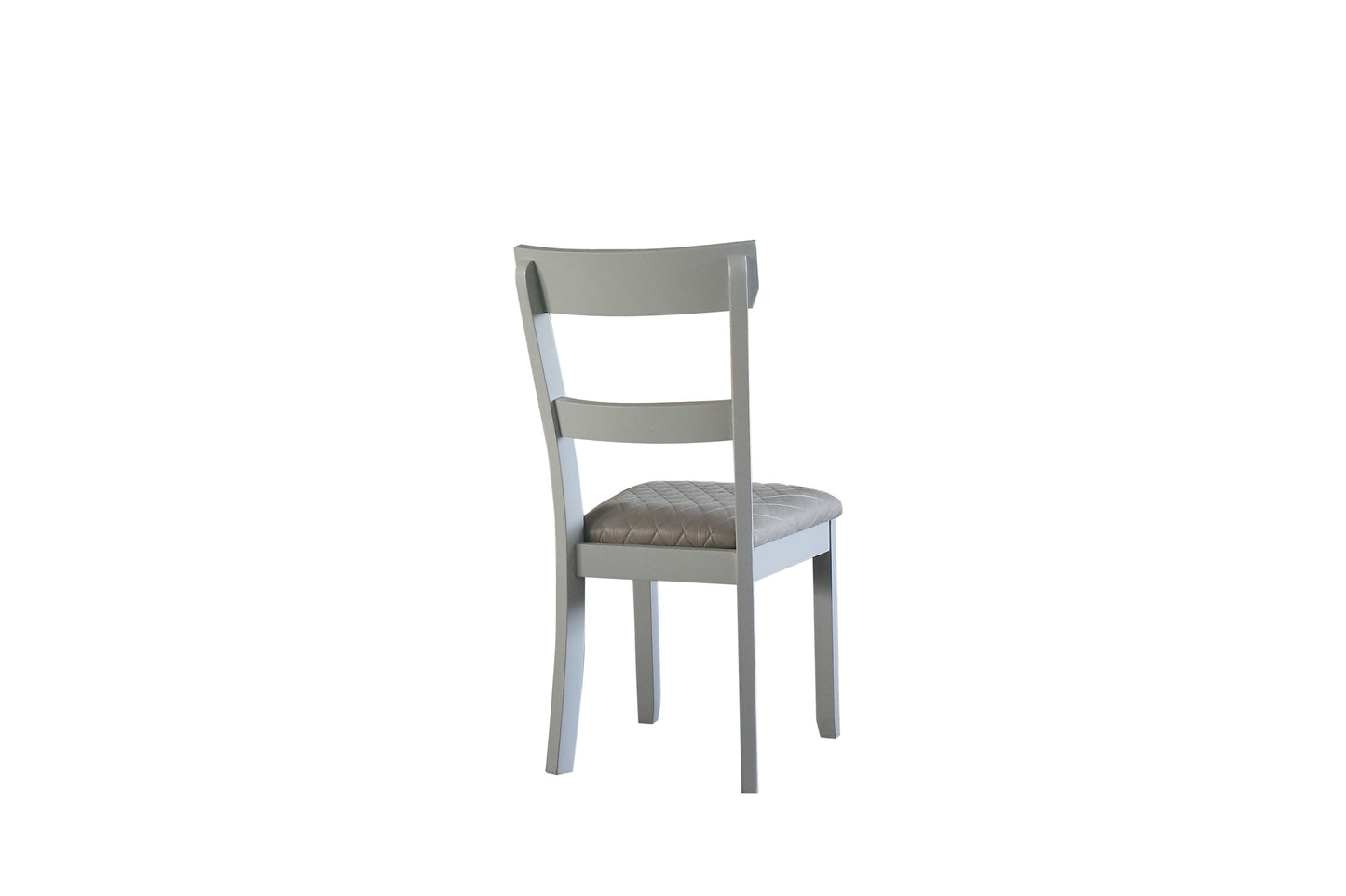 Grey wooden dining chair with quilted upholstered seat viewed from the back
