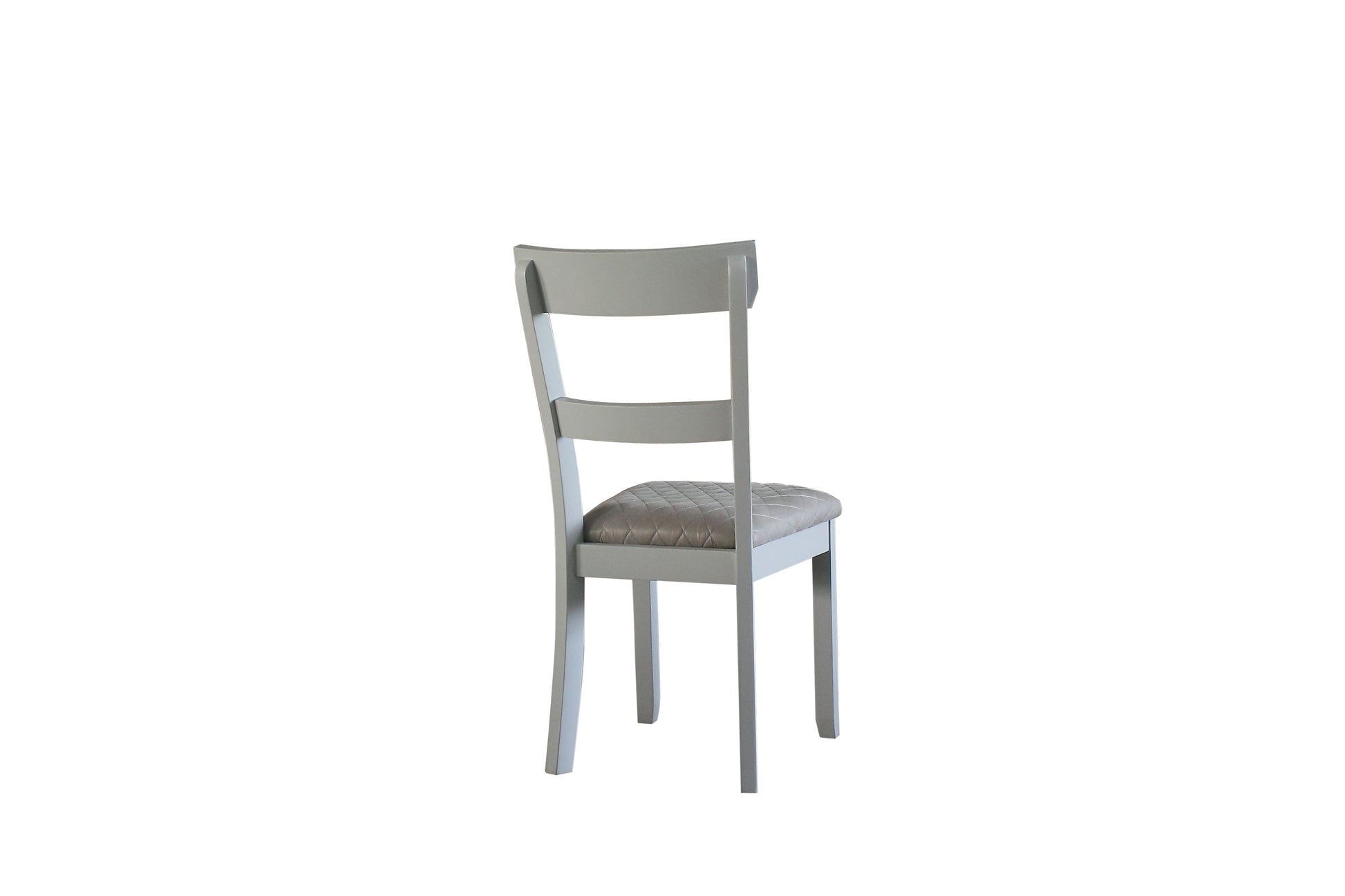 Grey wooden dining chair with quilted upholstered seat viewed from the back