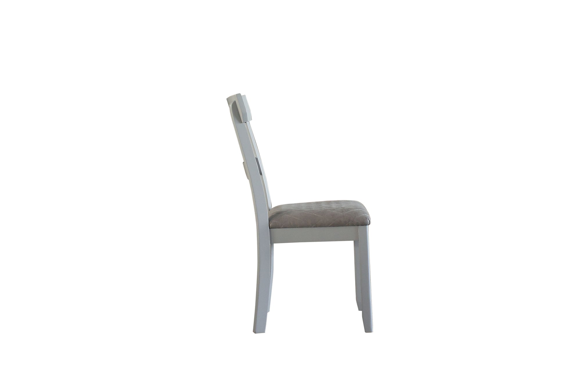 Side view of a light grey wooden dining chair with a textured grey upholstered seat