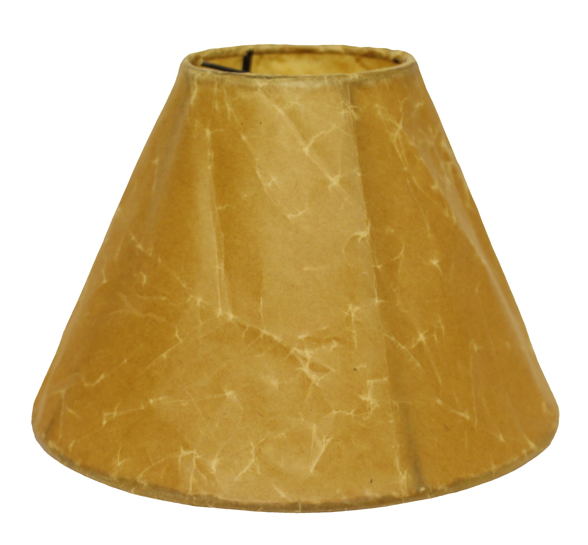 Tan parchment clipon lampshade with textured surface and a tapered cone shape
