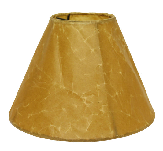 Tan parchment clipon lampshade with textured surface and a tapered cone shape