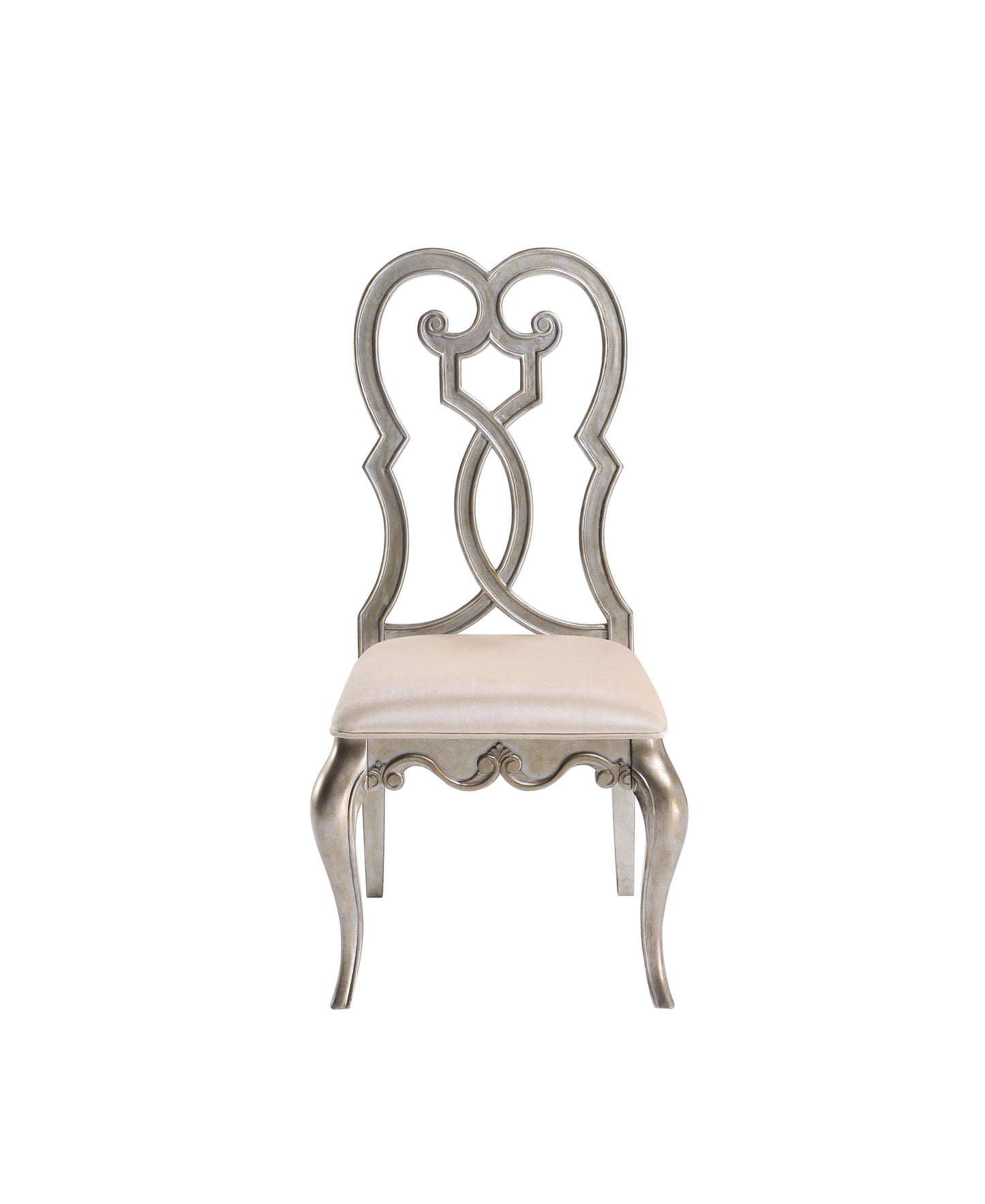 Silver ornate accent chair with upholstered seat