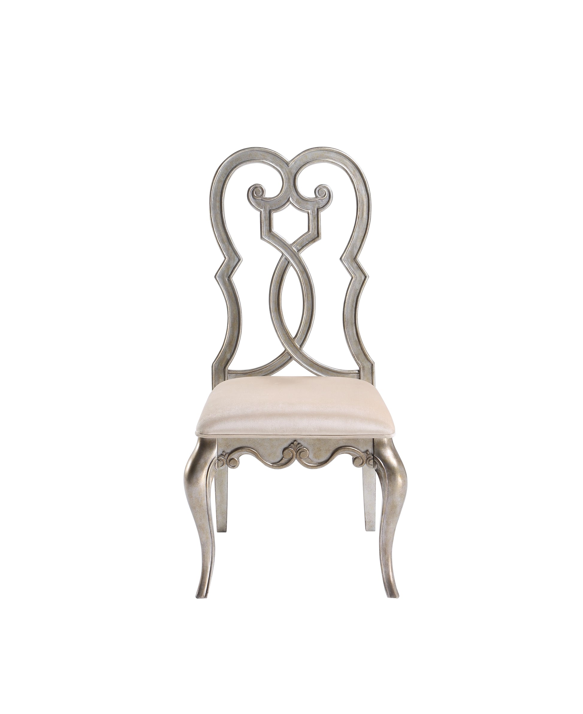 Silver ornate accent chair with upholstered seat