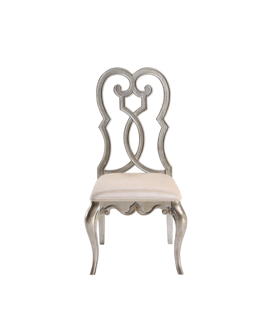 Silver ornate accent chair with upholstered seat