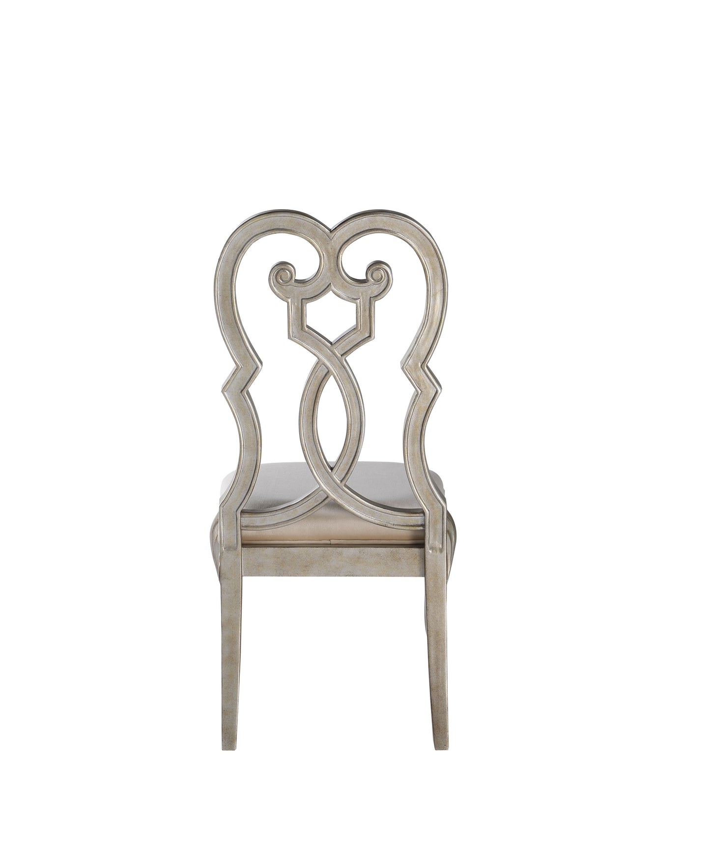 Antique silver dining chair with scrolled back and upholstered seat