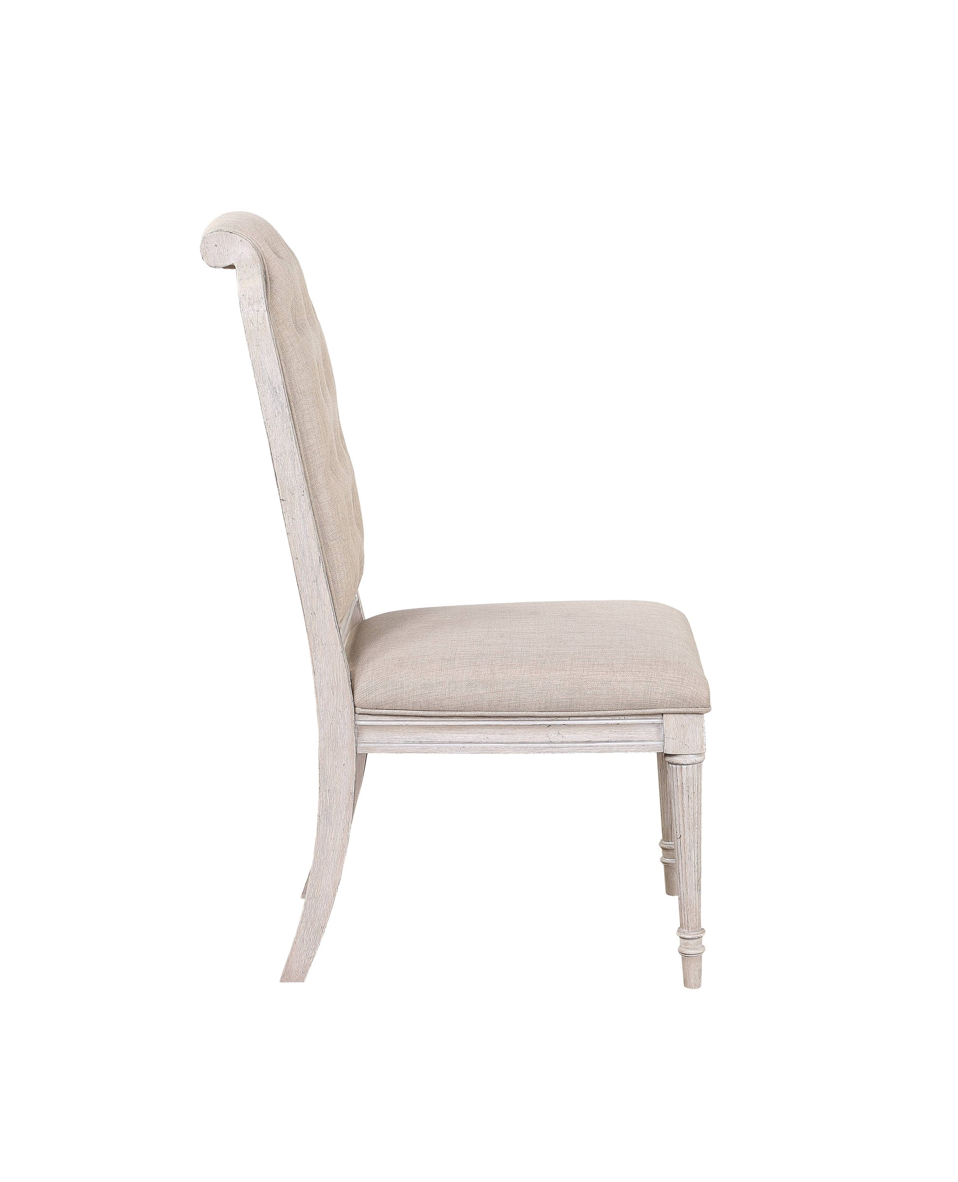 Tufted back linen dining chair with distressed wood frame